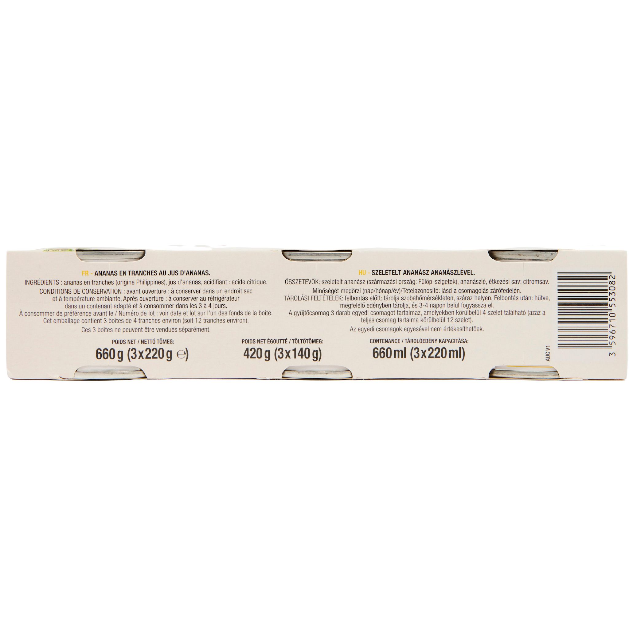 Voir la diapositive 4 : AUCHAN Ananas en tranches au jus d'ananas 3x140g
