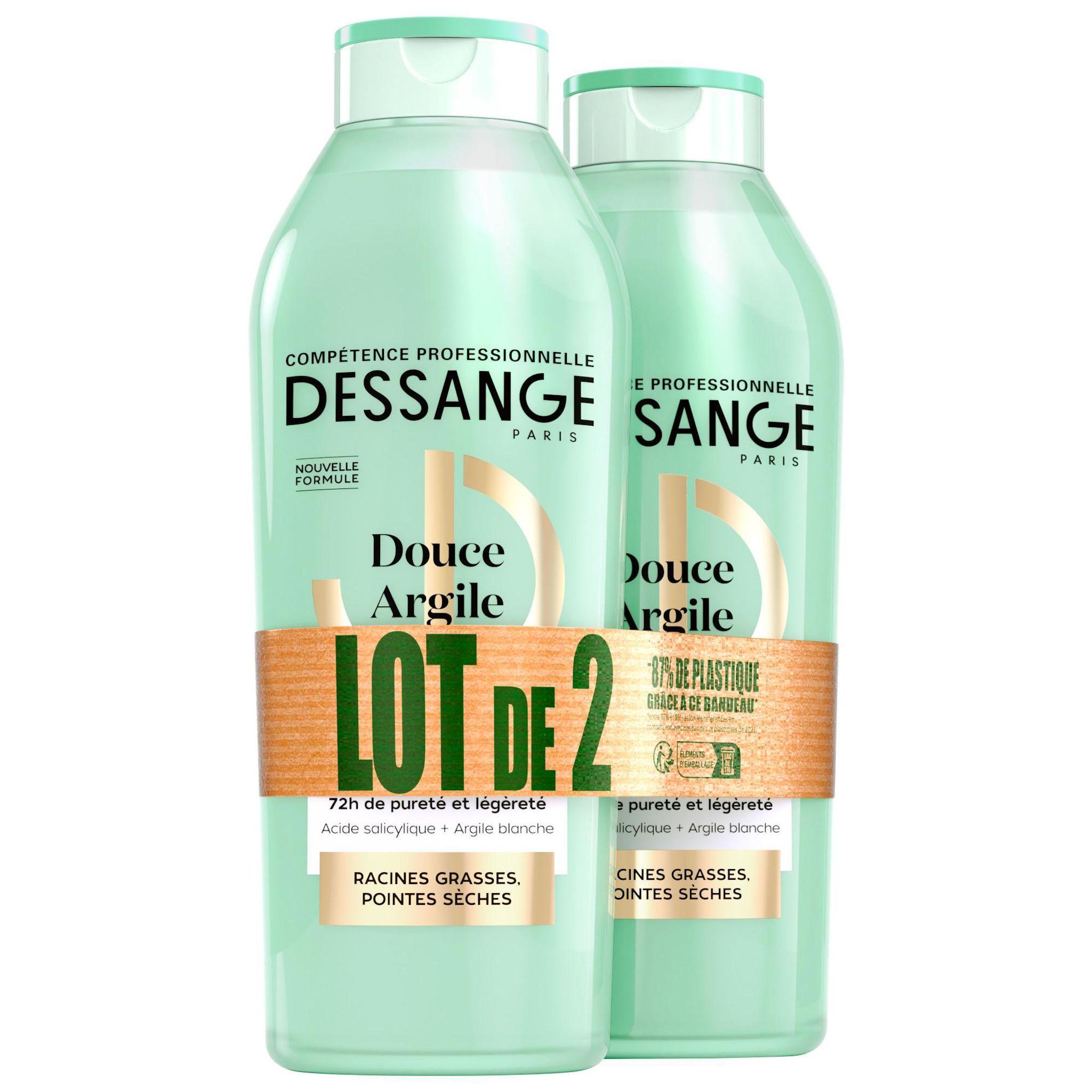 DESSANGE Shampoing douce argile racines grasses pointes sèches 2x280ml