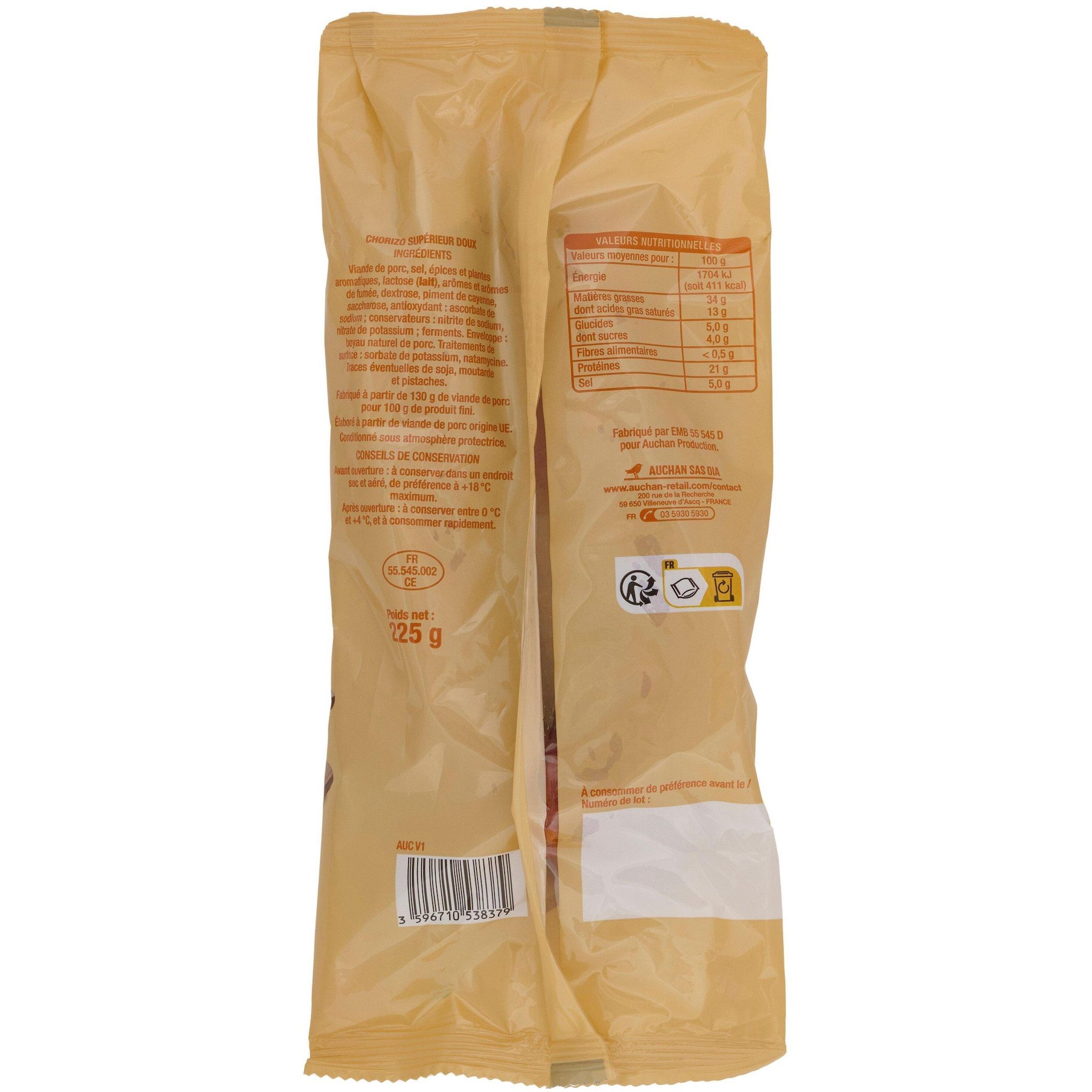 Voir la diapositive 2 : AUCHAN Chorizo doux entier 225g