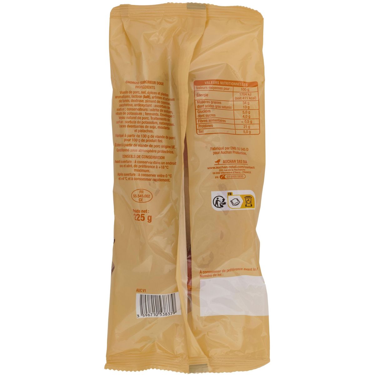 AUCHAN Chorizo doux entier 225g