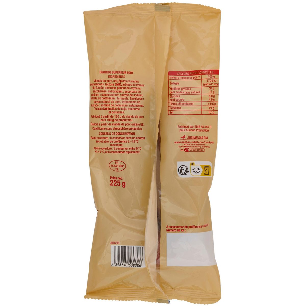 AUCHAN Chorizo fort entier 225g