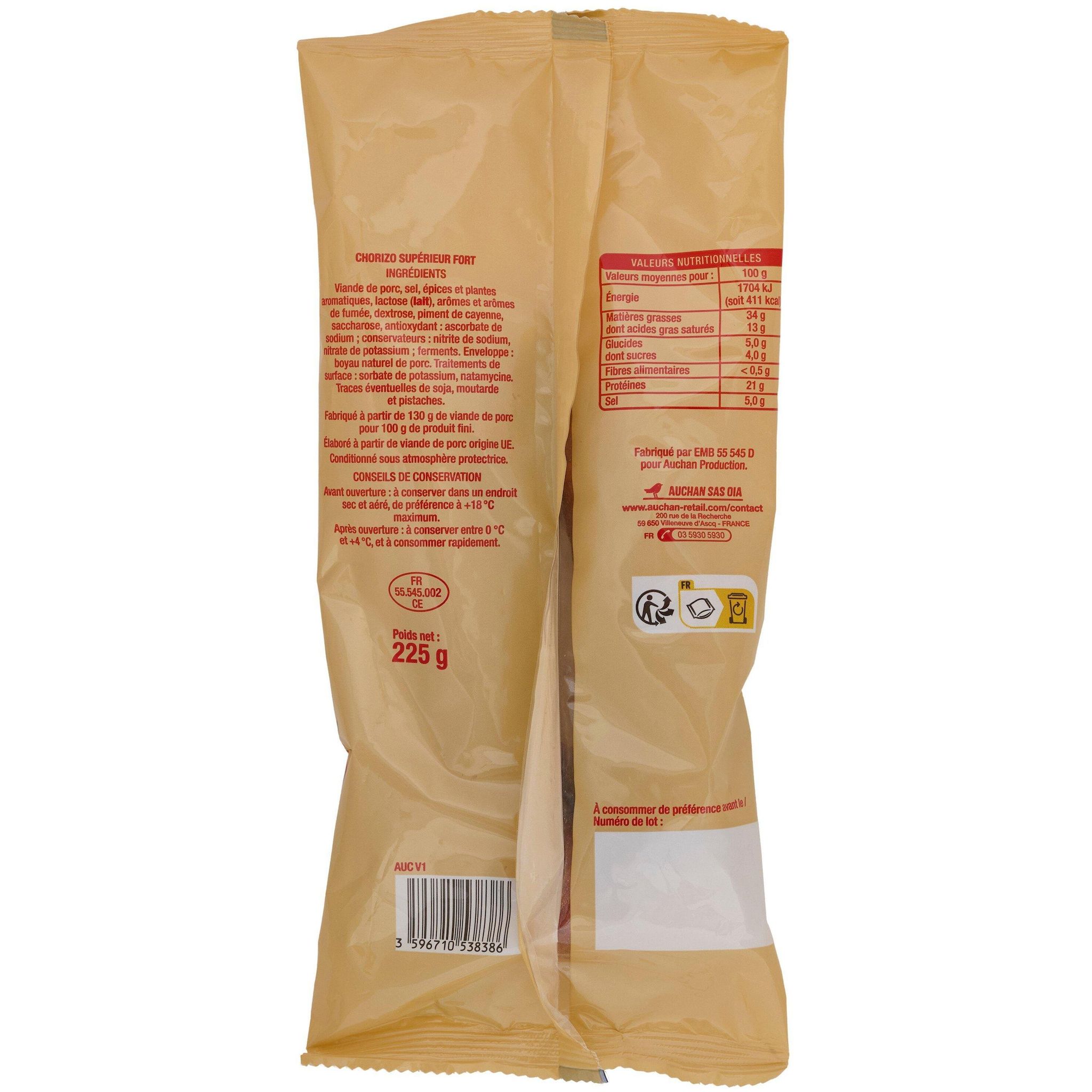 Voir la diapositive 2 : AUCHAN Chorizo fort entier 225g