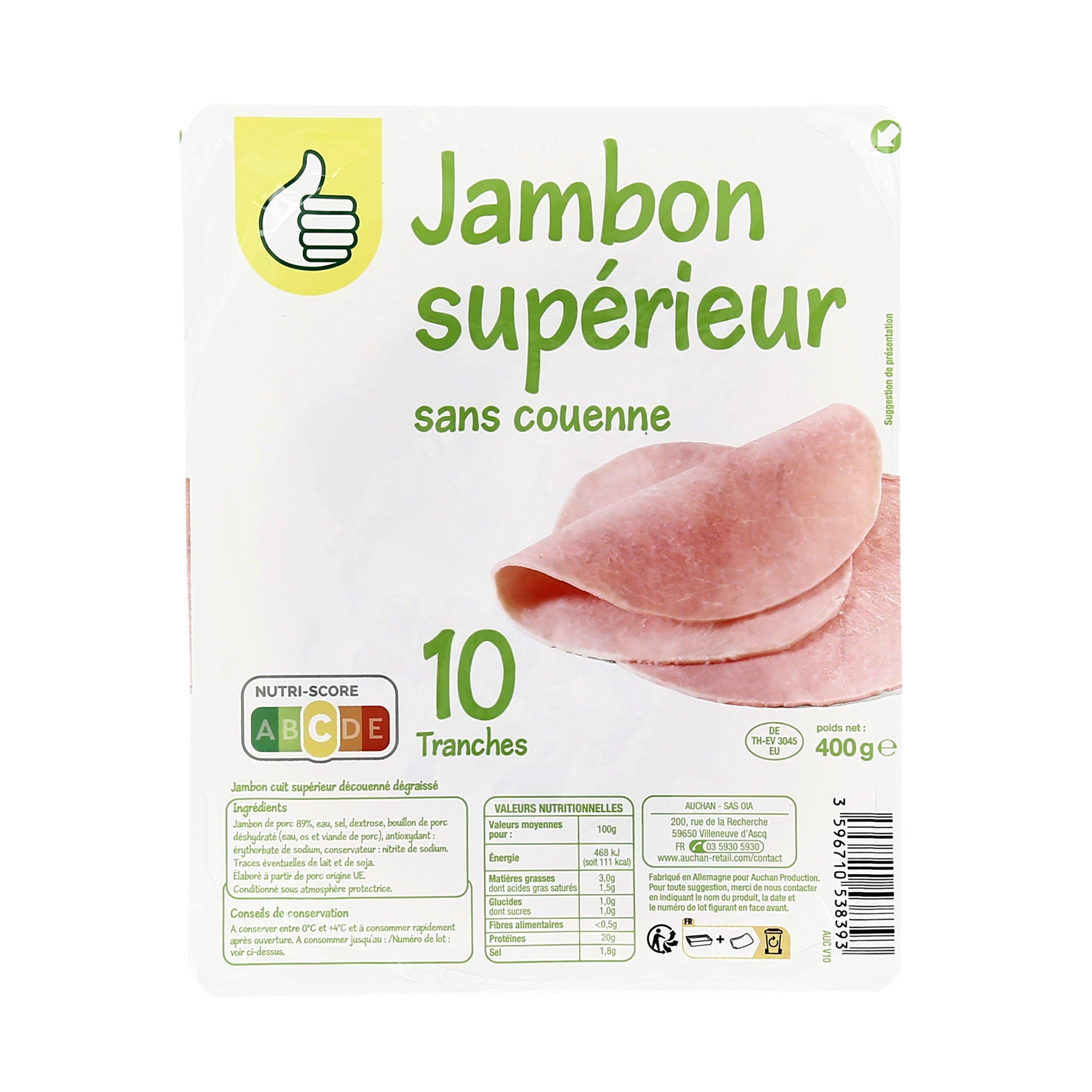 Voir la diapositive 2 : POUCE Jambon supérieur dégraissé sans couenne 10 tranches 400g