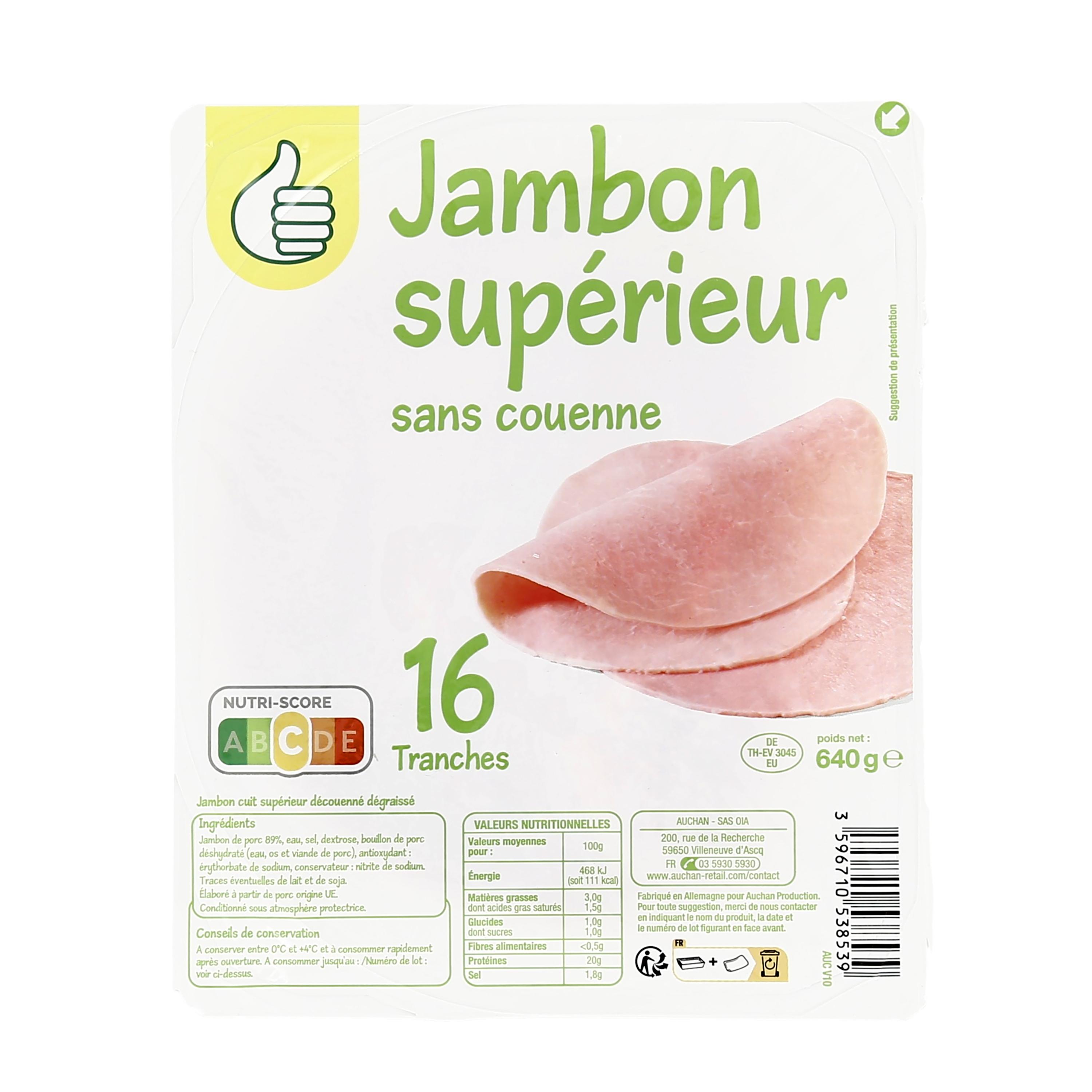 Voir la diapositive 2 : POUCE Jambon supérieur dégraissé sans couenne 16 tranches 640g