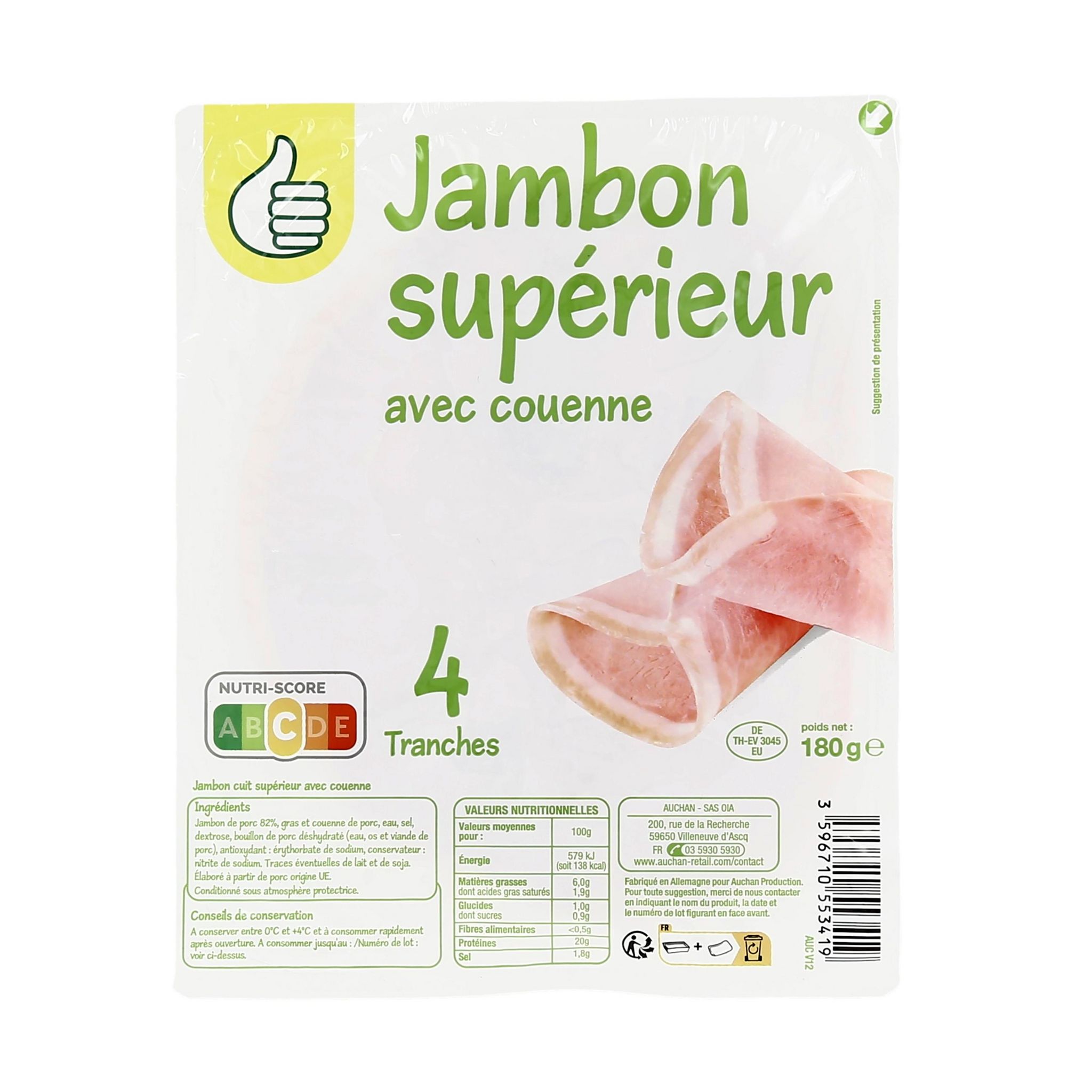 Voir la diapositive 2 : POUCE Jambon supérieur avec couenne 4 tranches 180g