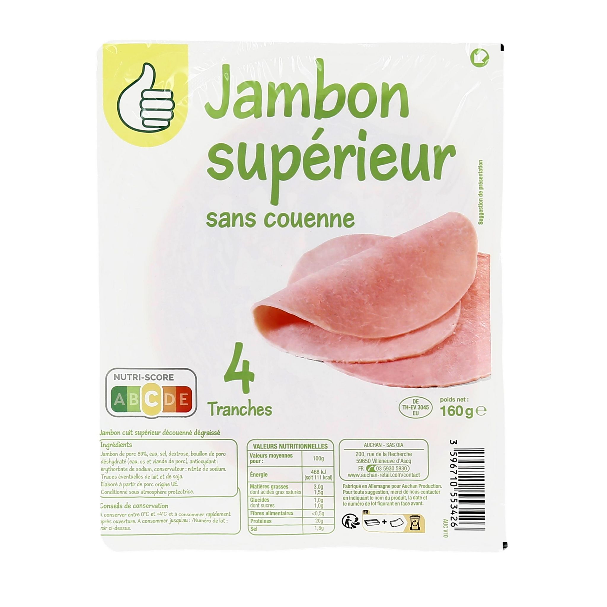 Voir la diapositive 2 : POUCE Jambon supérieur dégraissé et sans couenne 4 tranches 160g