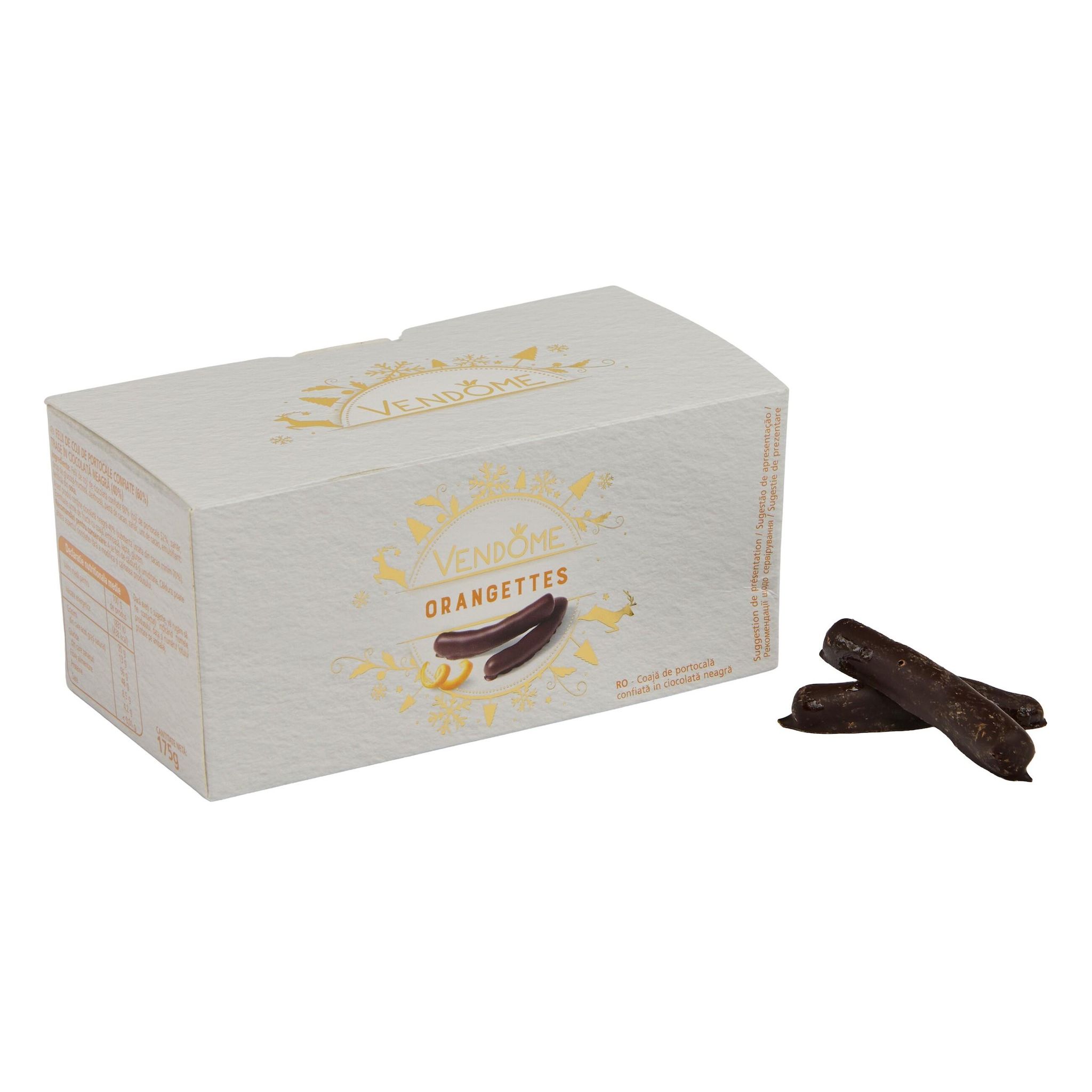 Voir la diapositive 2 : VENDOME Orangettes ballotin de chocolat au lait enrobées d'écorces d'orange confites 175g