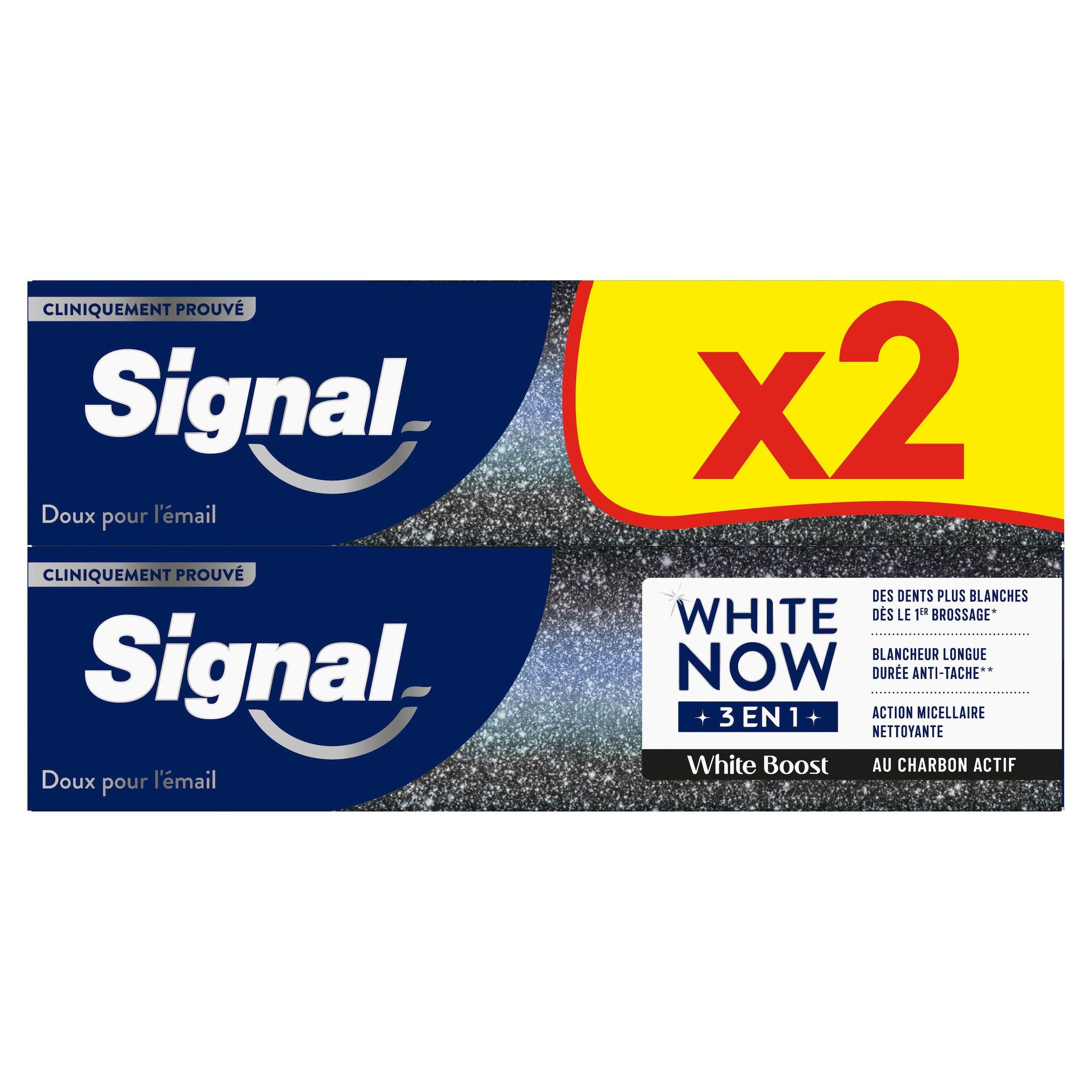 Voir la diapositive 2 : SIGNAL White Now Dentifrice 3en1 white boost au charbon actif 2x75ml