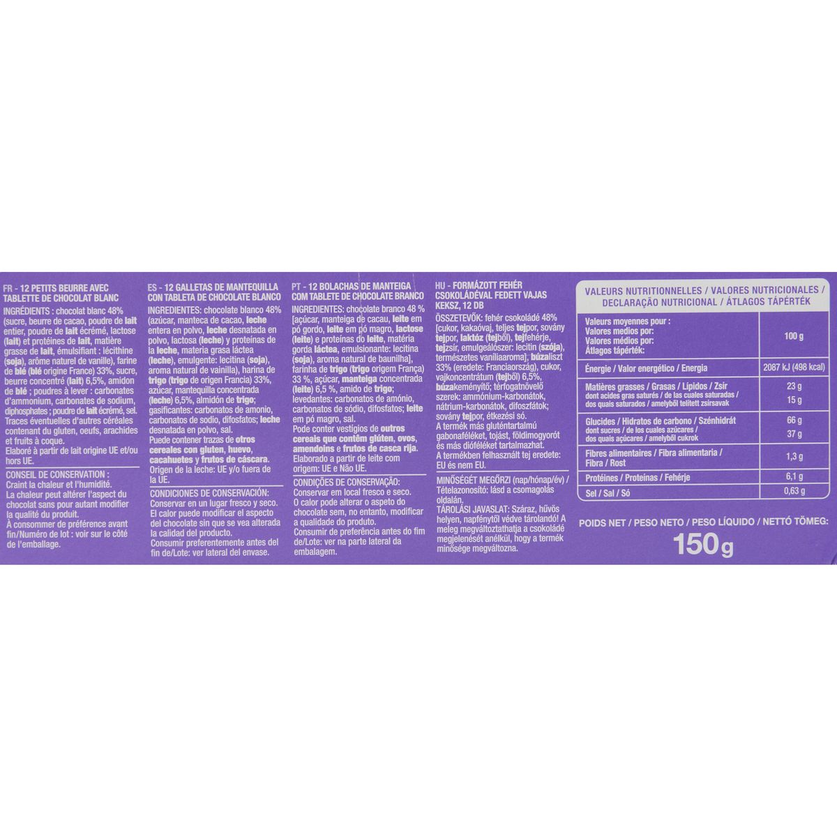 AUCHAN Petit beurre tablette au chocolat blanc 150g