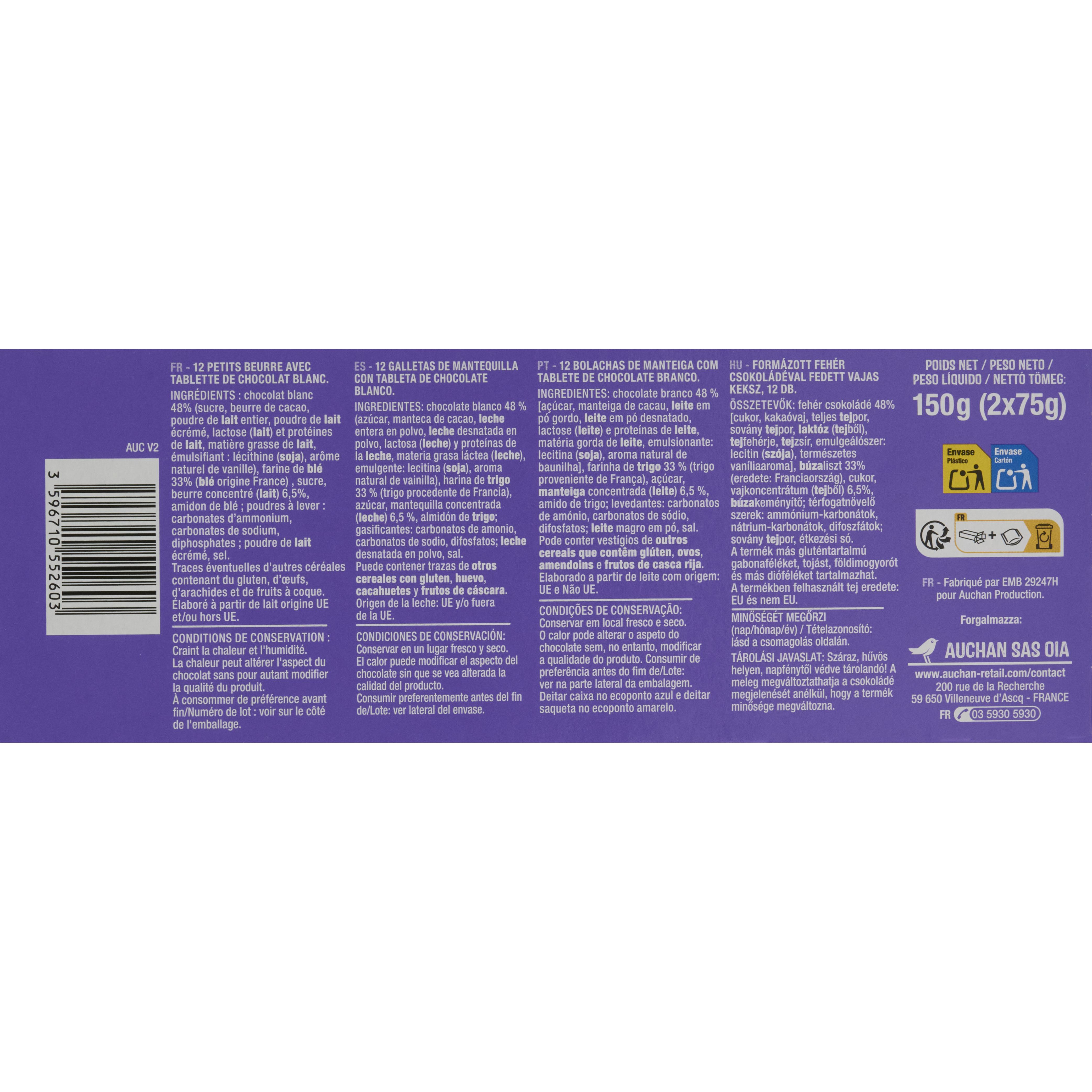Voir la diapositive 4 : AUCHAN Petit beurre tablette au chocolat blanc 150g