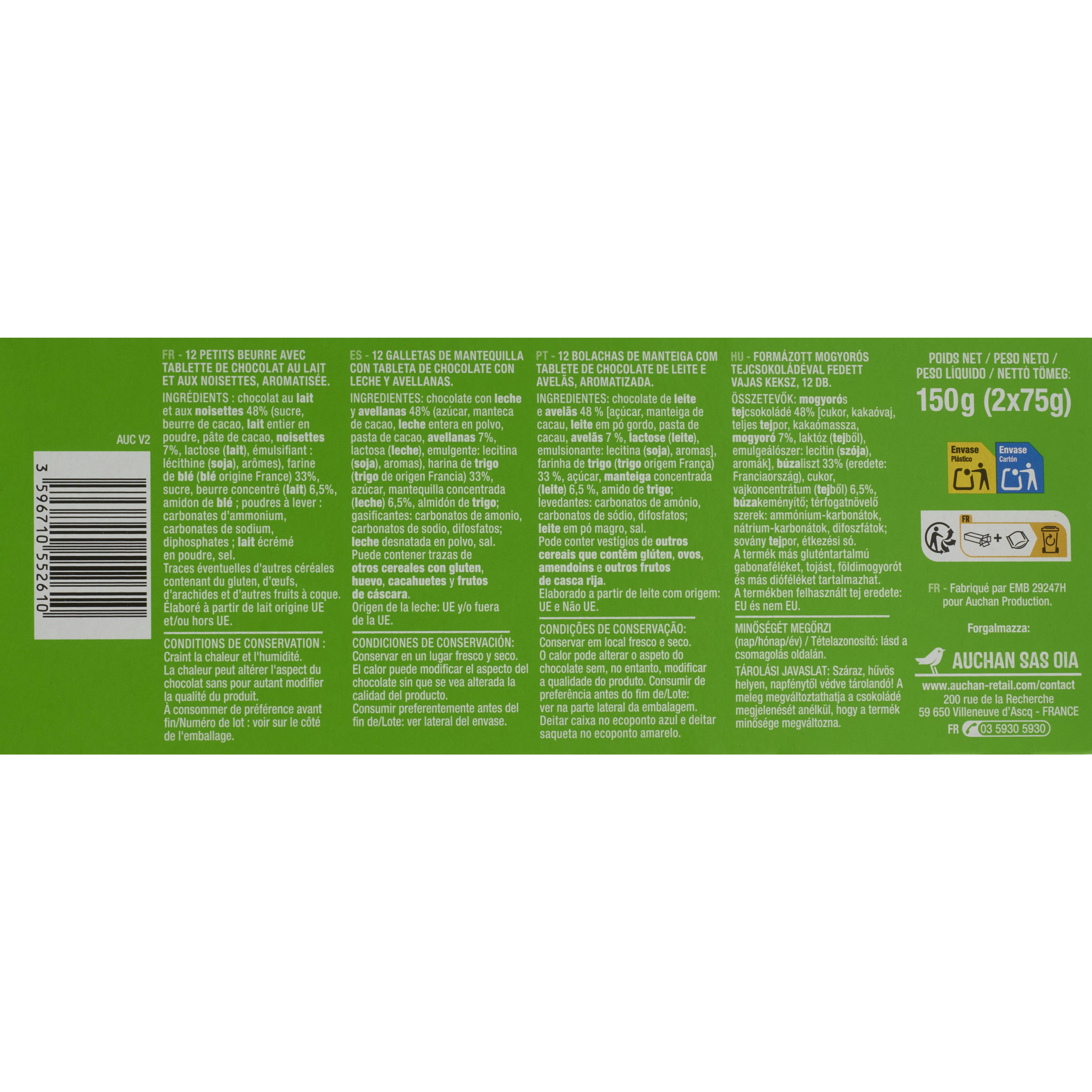 Voir la diapositive 3 : AUCHAN Petit beurre tablette chocolat noisette 150g