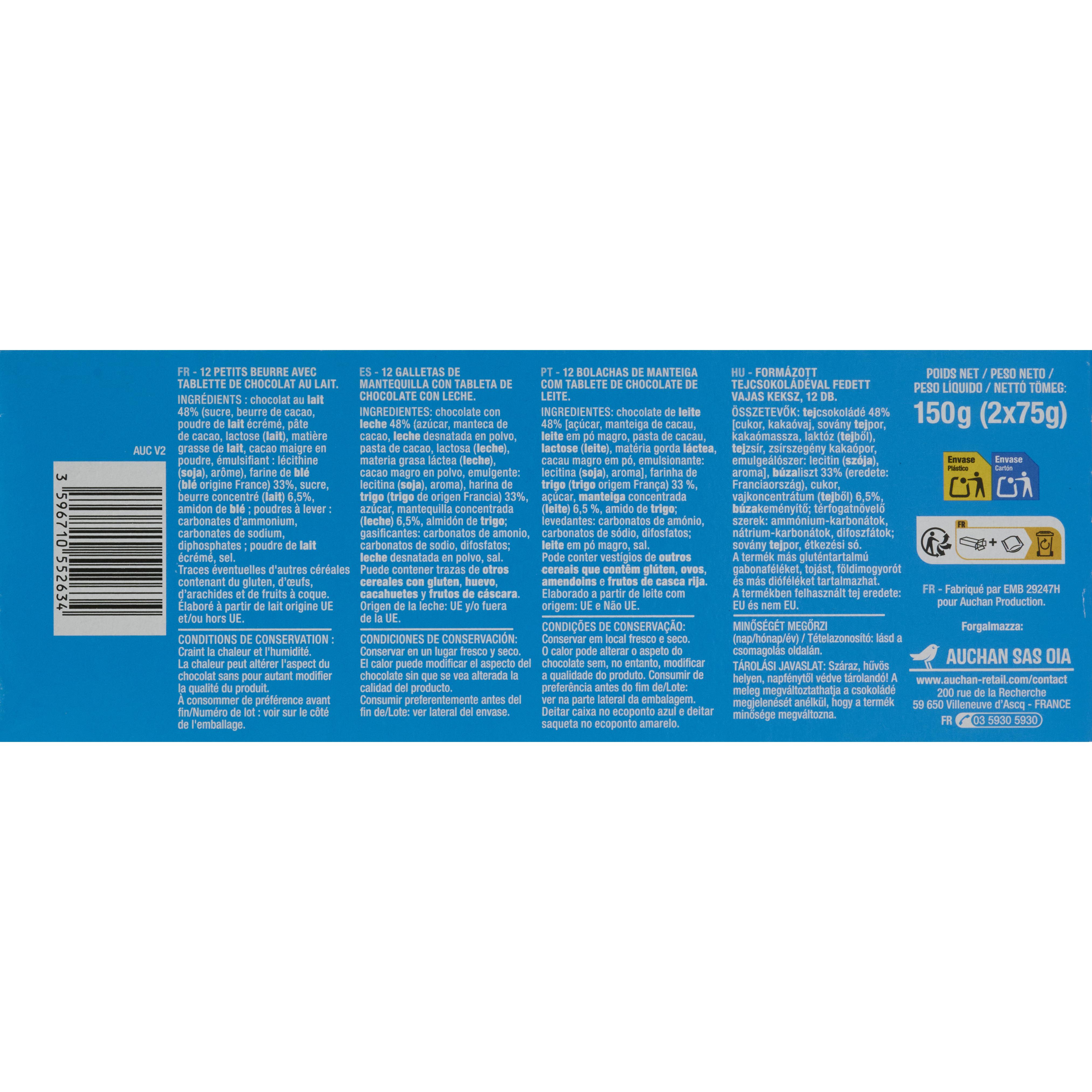 Voir la diapositive 4 : AUCHAN Biscuits petit beurre au chocolat au lait 150g