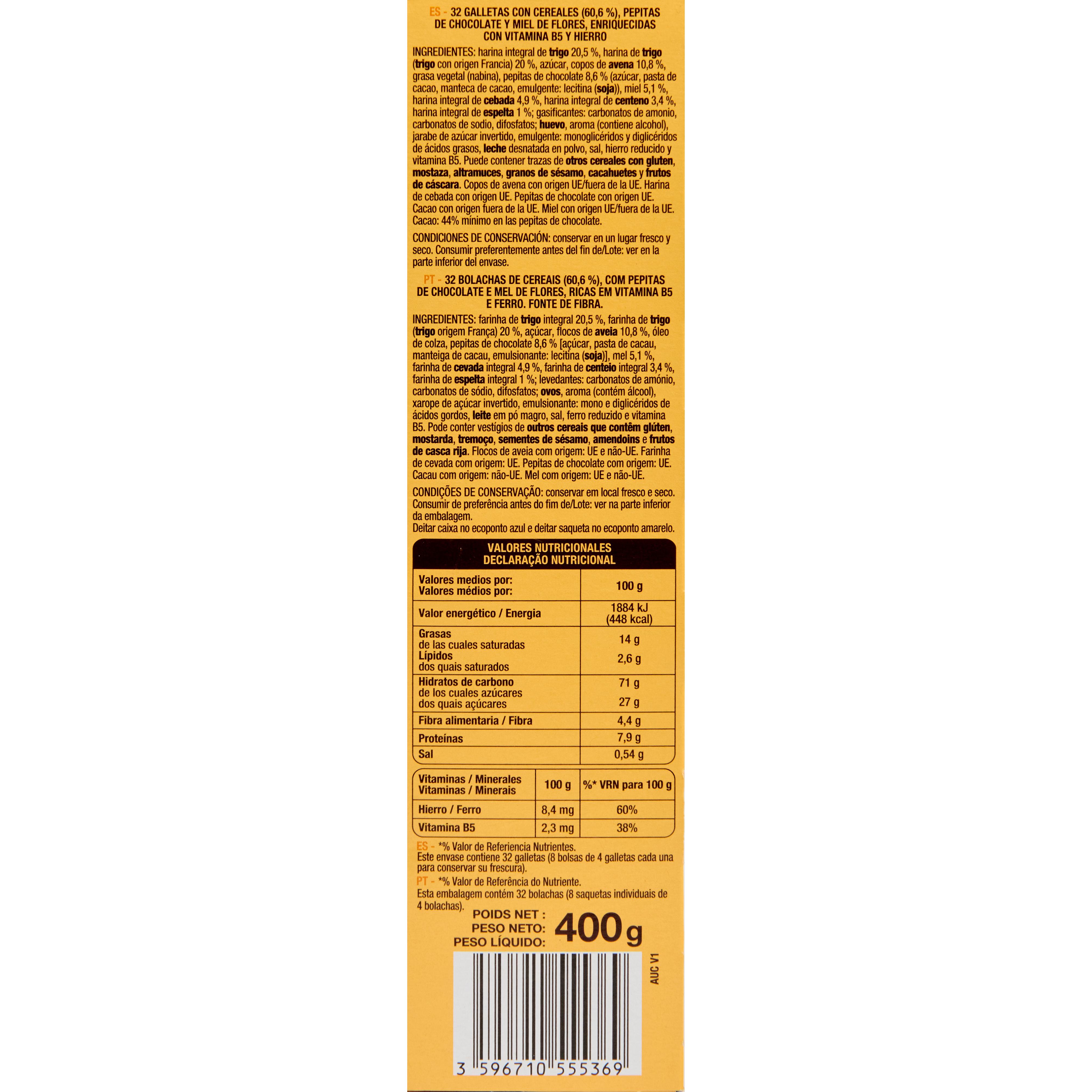 Voir la diapositive 2 : AUCHAN Biscuits petit déjeuner miel pépites de chocolat 400g