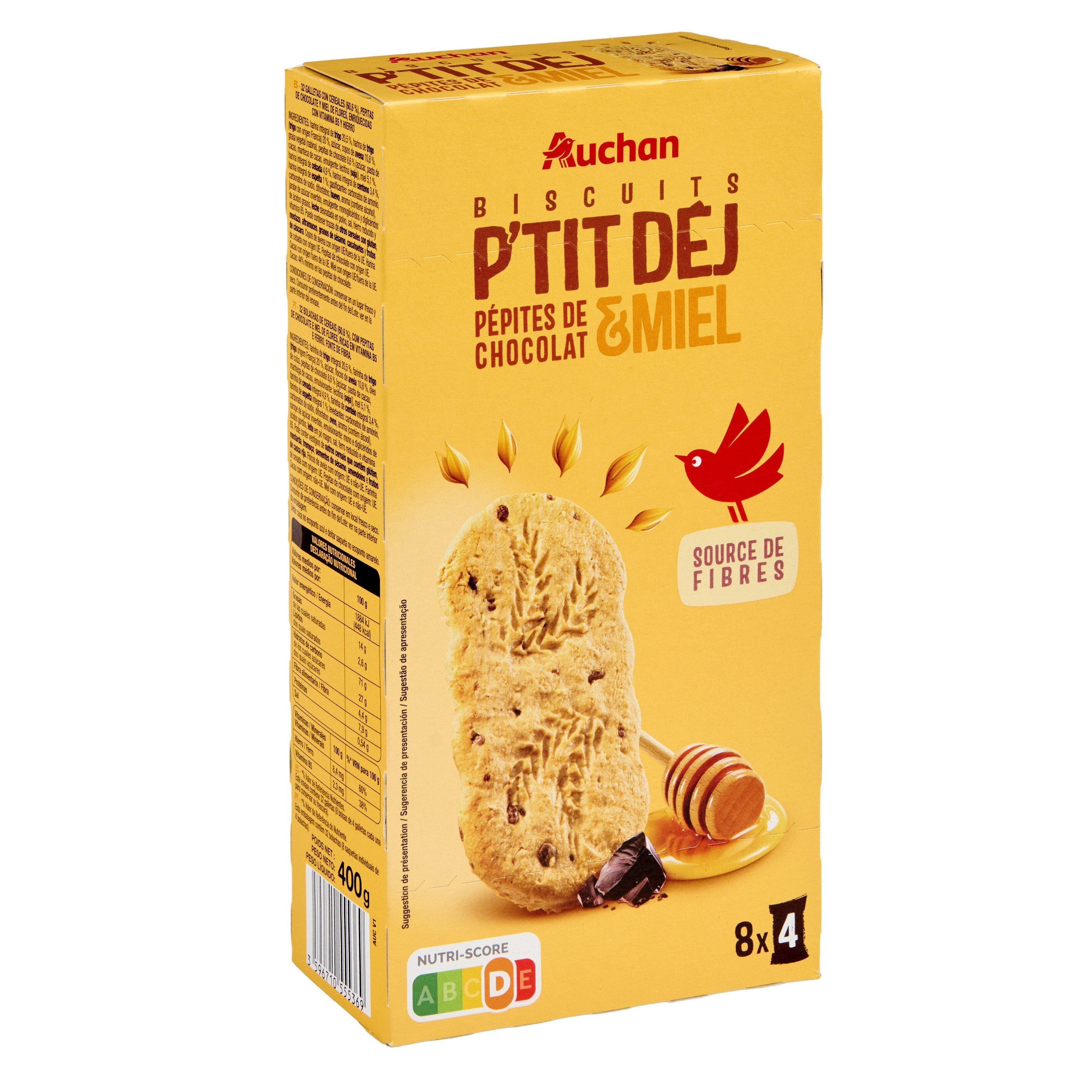 Voir la diapositive 3 : AUCHAN Biscuits petit déjeuner miel pépites de chocolat 400g