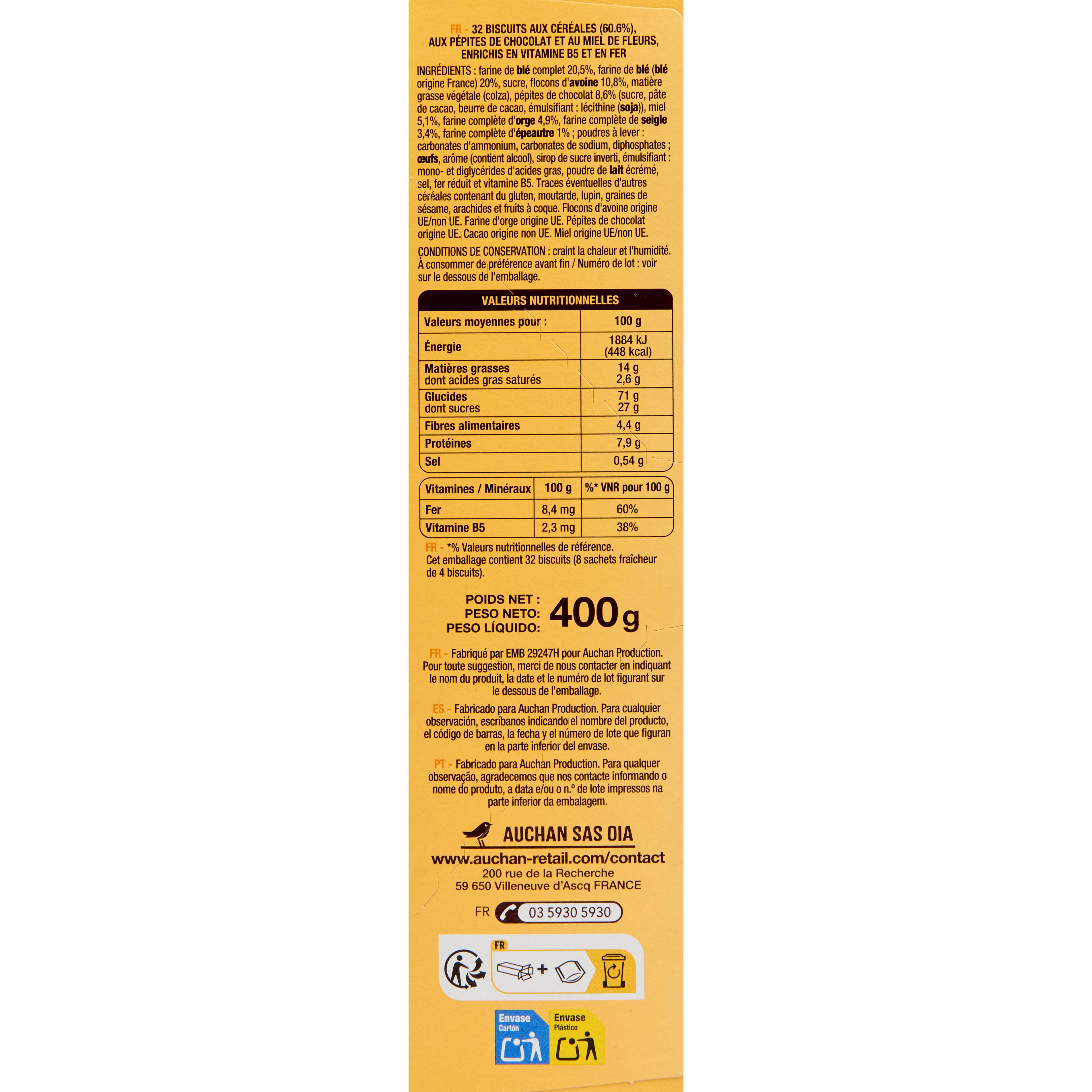 Voir la diapositive 4 : AUCHAN Biscuits petit déjeuner miel pépites de chocolat 400g