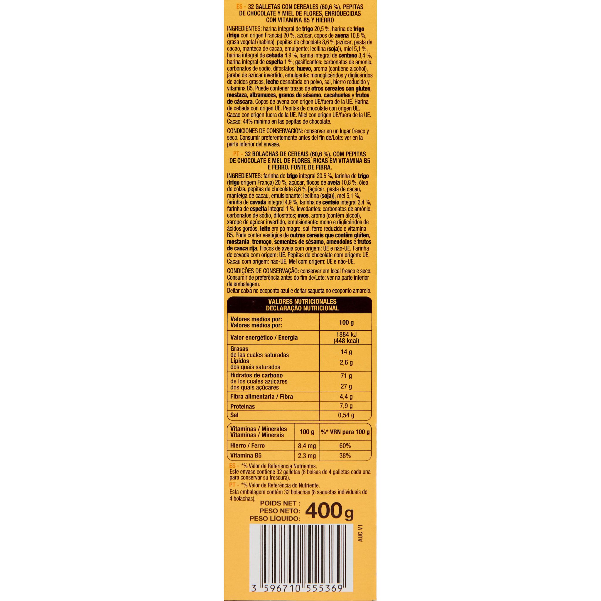 Voir la diapositive 4 : AUCHAN Biscuits petit déjeuner miel pépites de chocolat 400g