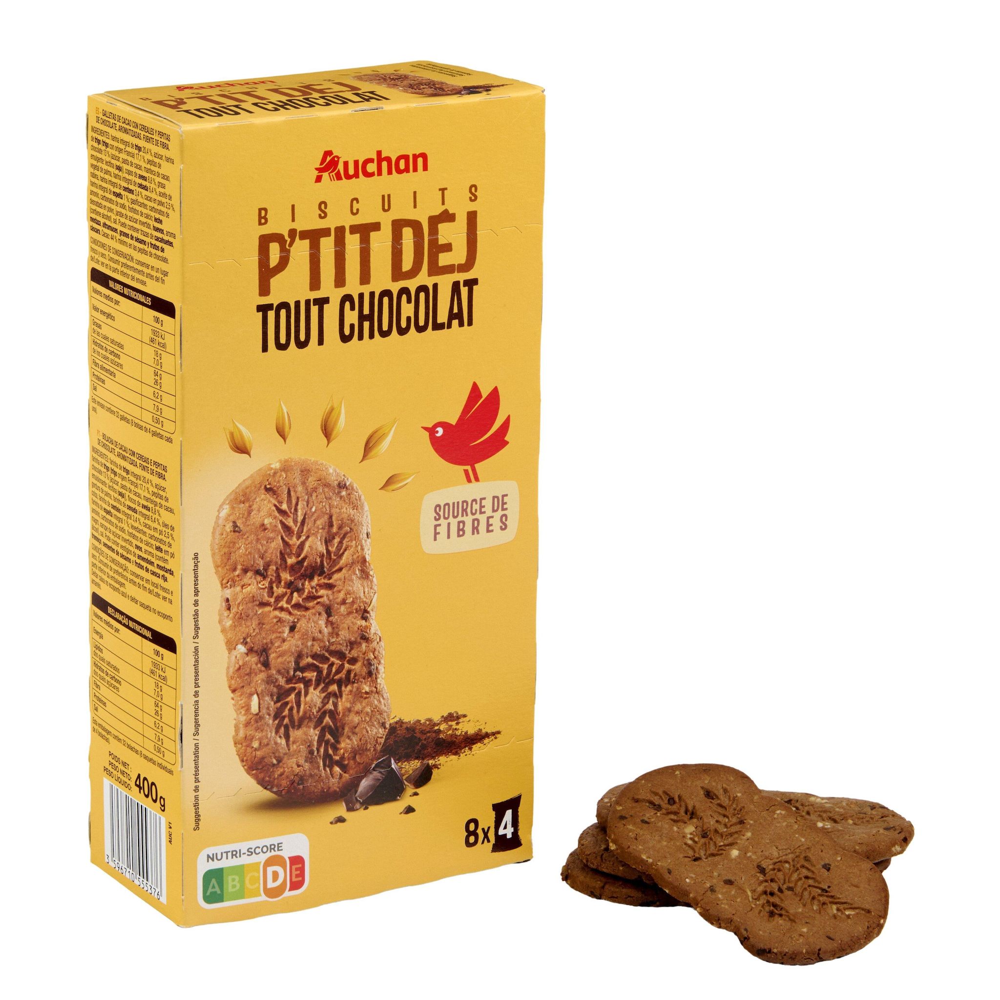 Voir la diapositive 4 : AUCHAN Biscuits petit-déjeuner tout chocolat avec pépites 400g