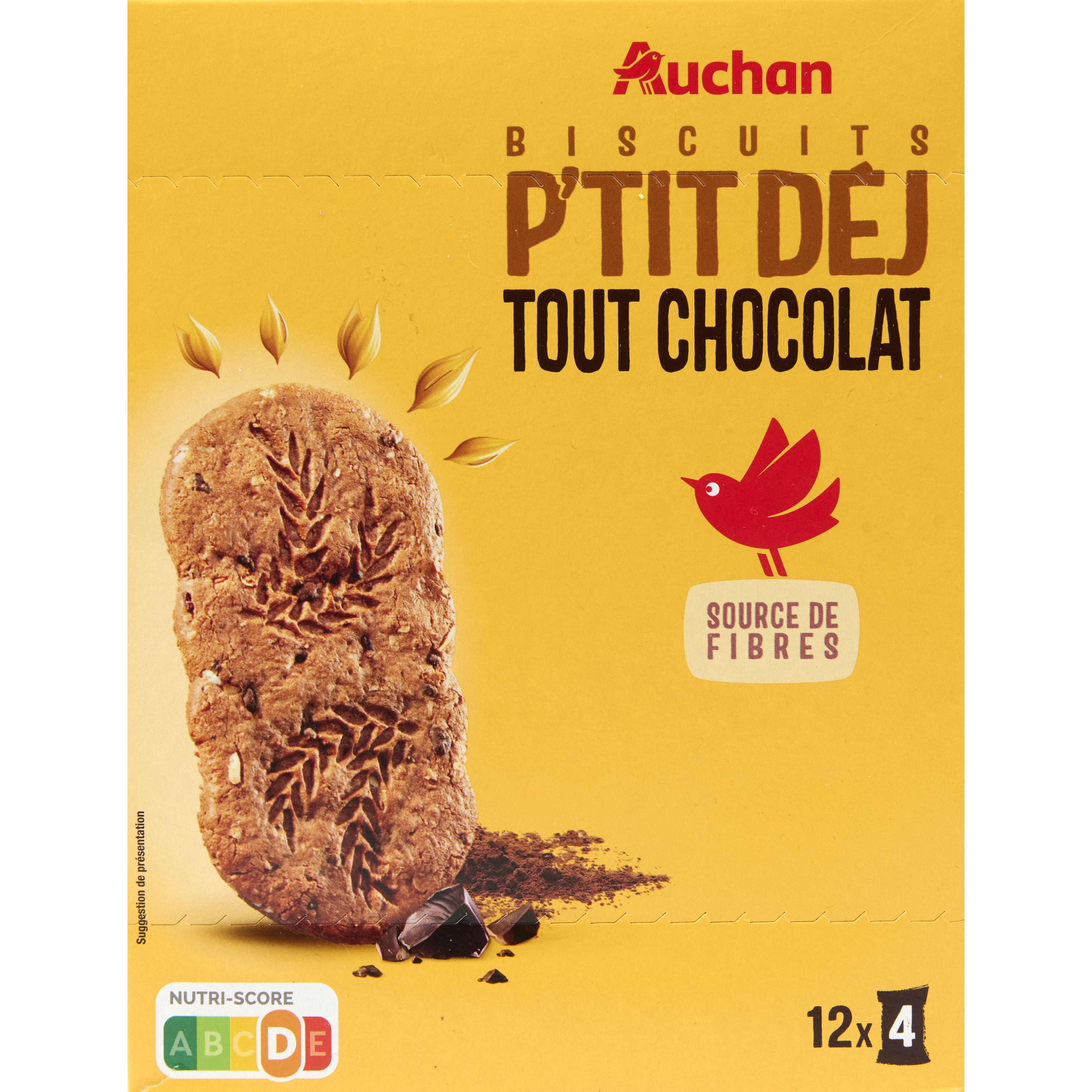 AUCHAN Biscuits aux céréales tout chocolat p'tit déj 12 sachets de 4 biscuits 600g