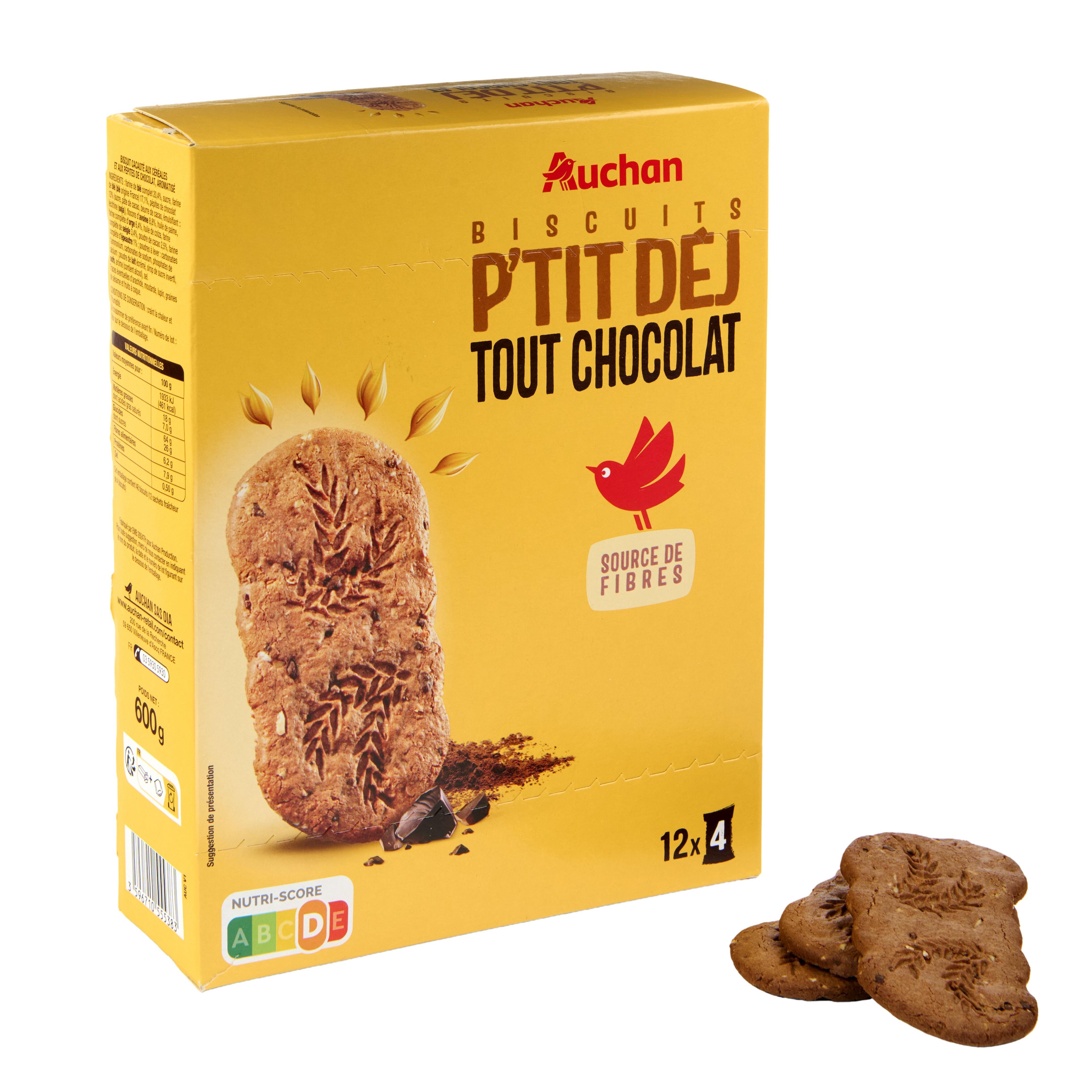 Voir la diapositive 2 : AUCHAN Biscuits aux céréales tout chocolat p'tit déj 12 sachets de 4 biscuits 600g