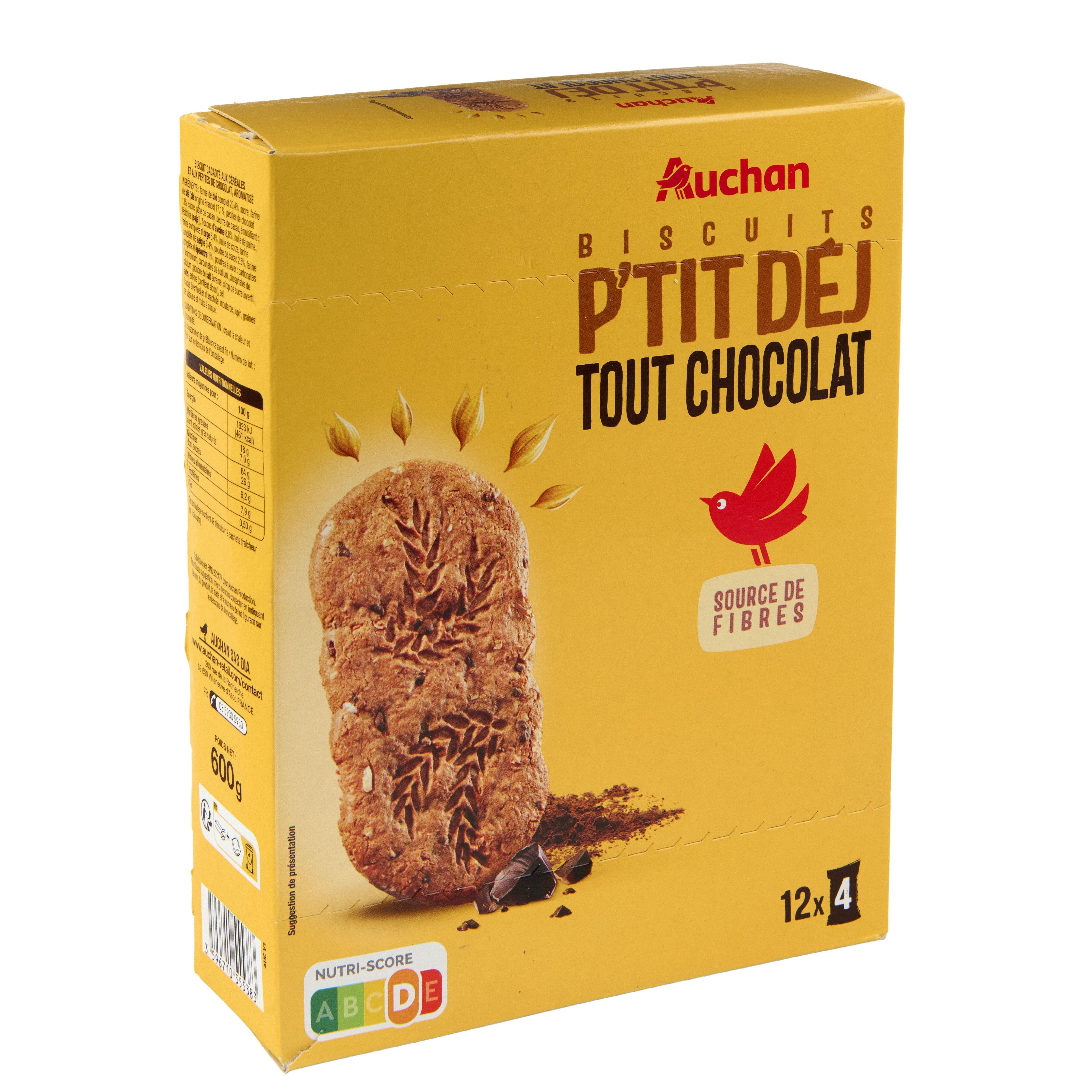 Voir la diapositive 4 : AUCHAN Biscuits aux céréales tout chocolat p'tit déj 12 sachets de 4 biscuits 600g
