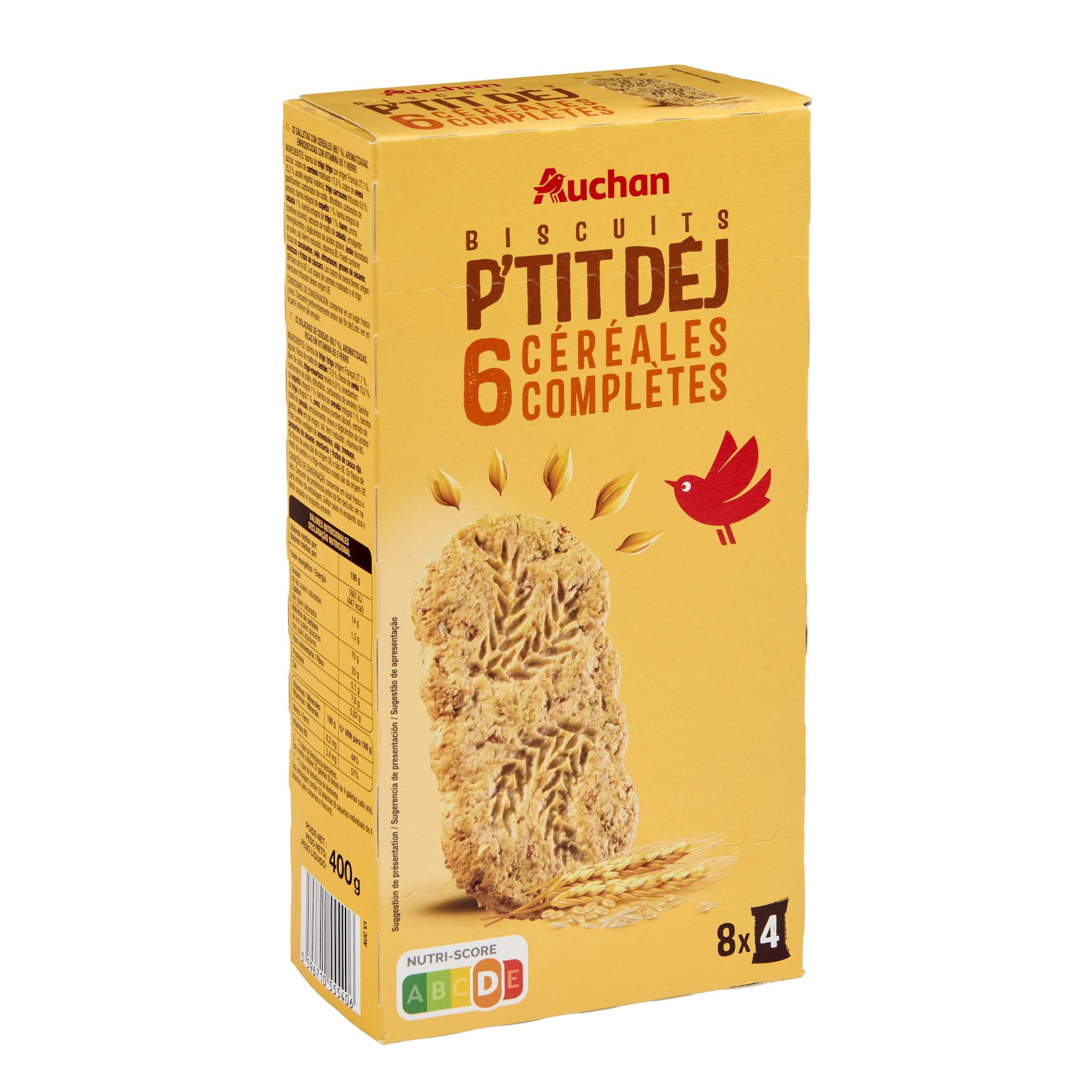 Voir la diapositive 3 : AUCHAN Biscuits p'tit déj 6 céréales complètes 8 sachets de 4 biscuits 400g