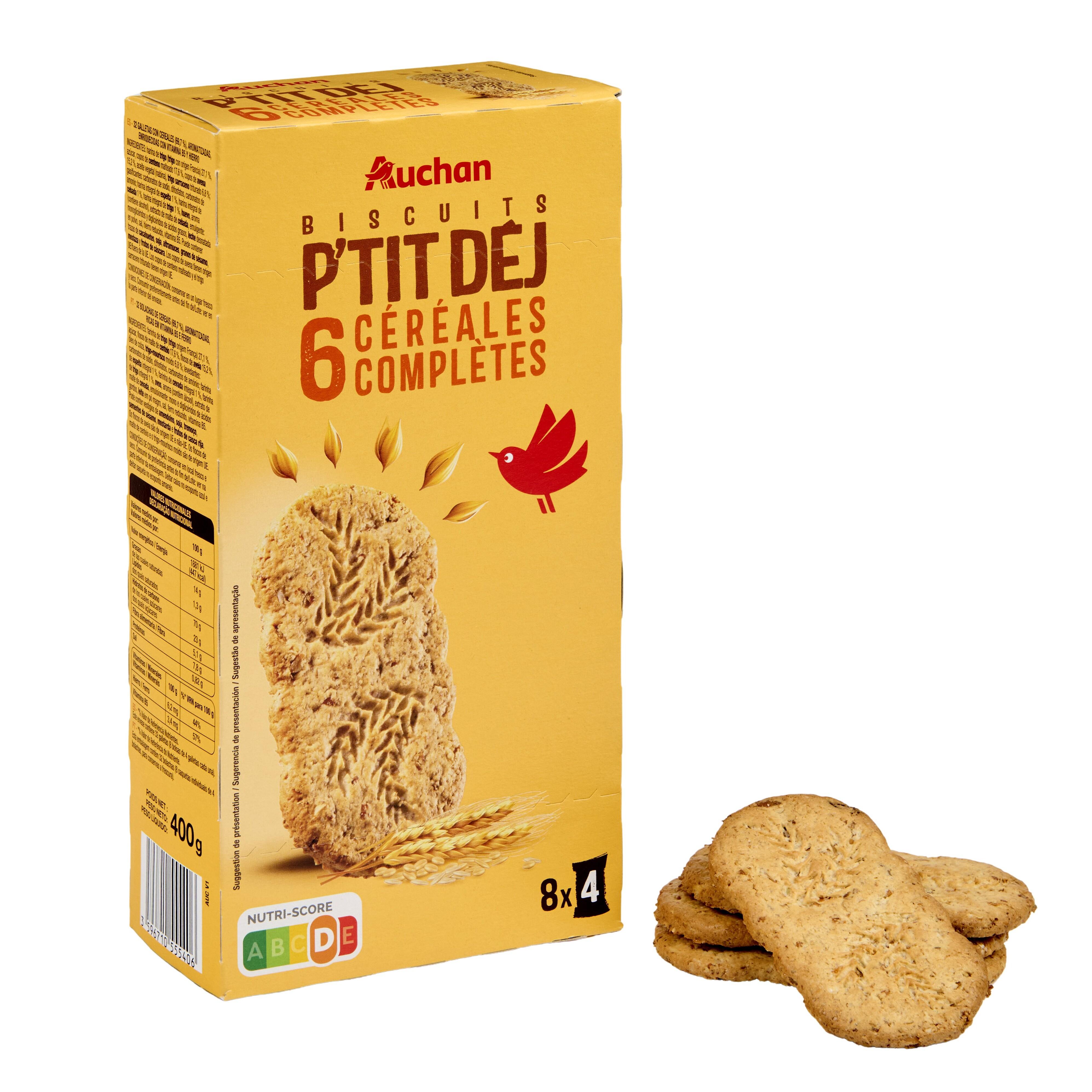 Voir la diapositive 4 : AUCHAN Biscuits p'tit déj 6 céréales complètes 8 sachets de 4 biscuits 400g