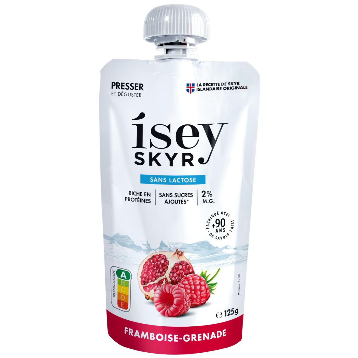 ISEY Skyr gourde sans lactose sans sucres ajoutés à la framboise et grenade 125g
