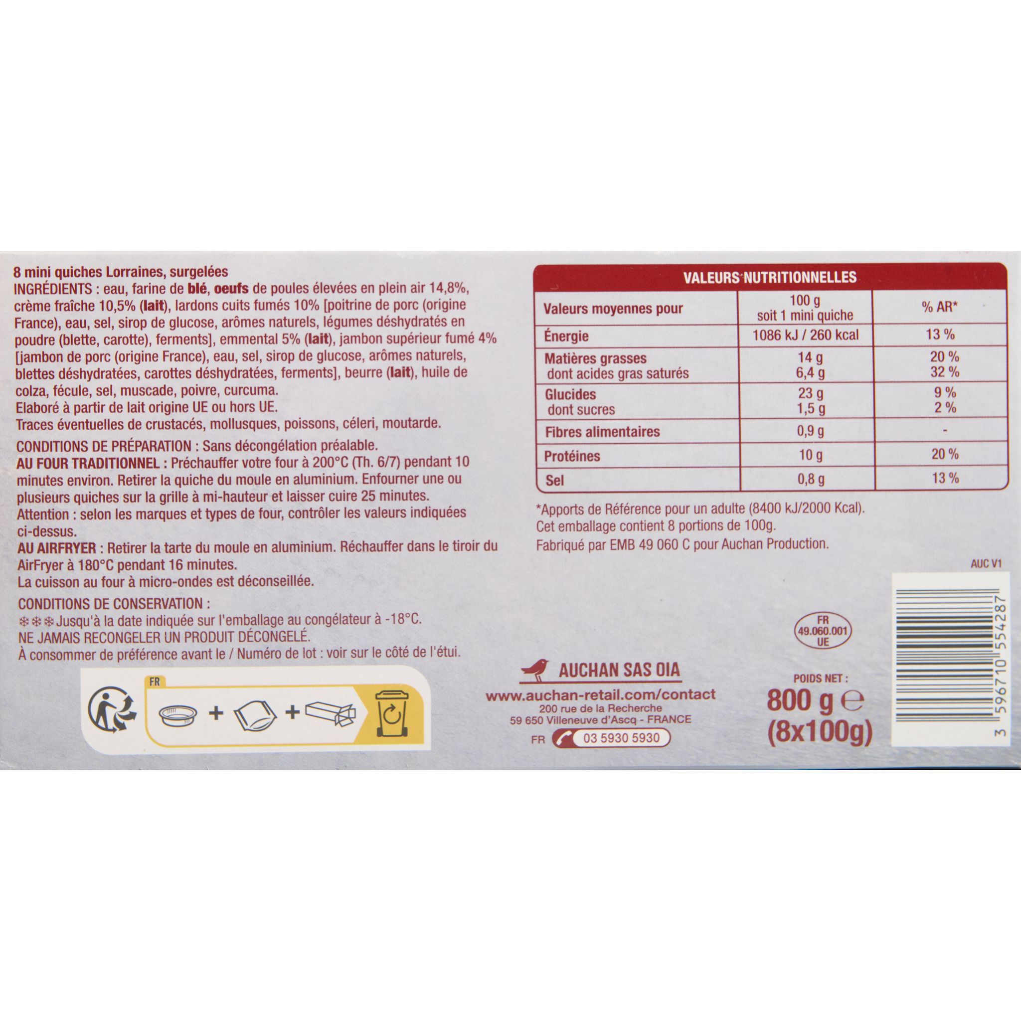 Voir la diapositive 2 : AUCHAN Quiches lorraine surgelées 8 pièces 800g