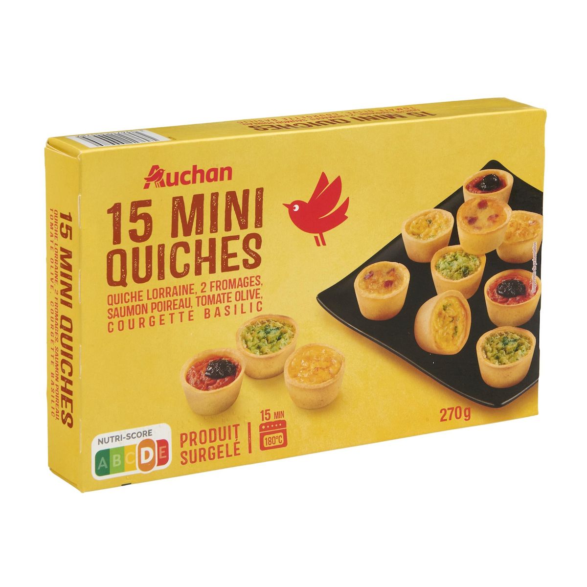 AUCHAN Mini quiches saumon poireau, tomate olive, courgette basilic 15 pièces 270g