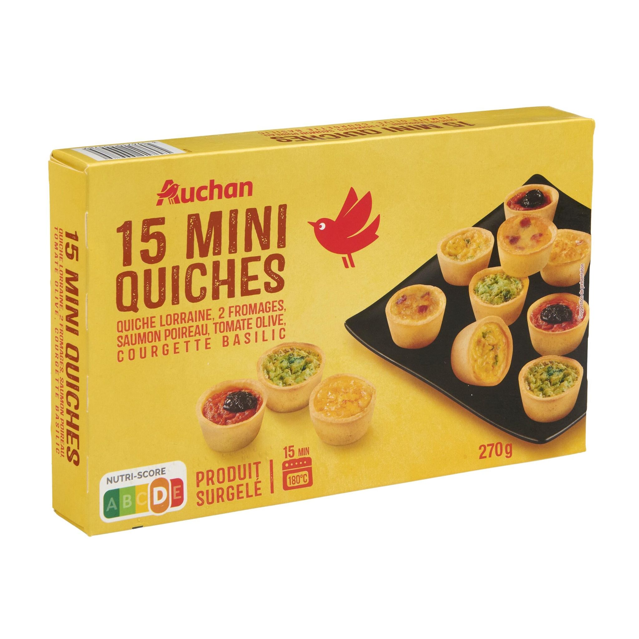 Voir la diapositive 2 : AUCHAN Mini quiches saumon poireau, tomate olive, courgette basilic 15 pièces 270g