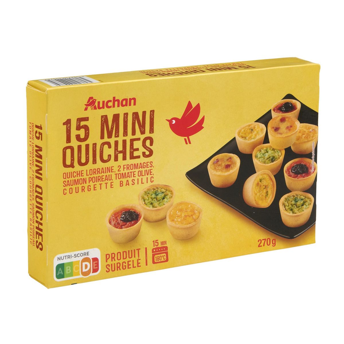 AUCHAN Mini quiches saumon poireau, tomate olive, courgette basilic 15 pièces 270g