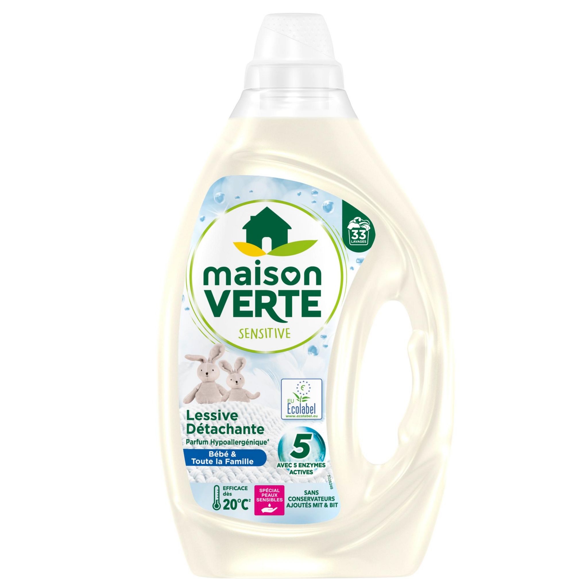 MAISON VERTE Lessive liquide famille bébé détachant 33 lavages 1,485l