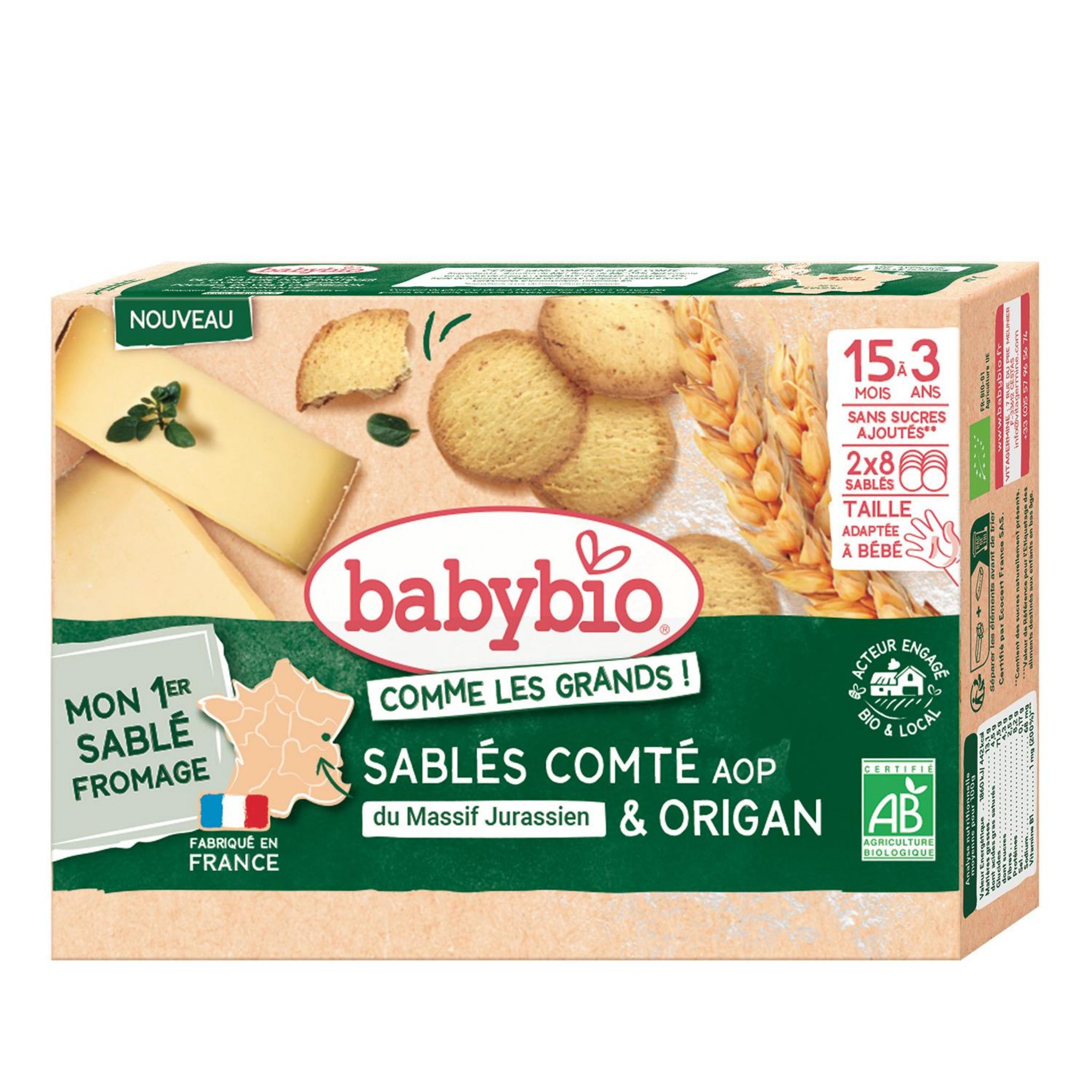 BABYBIO Sablés au comté AOP du Massif Jurassien et origan bio dès 15 mois 72g