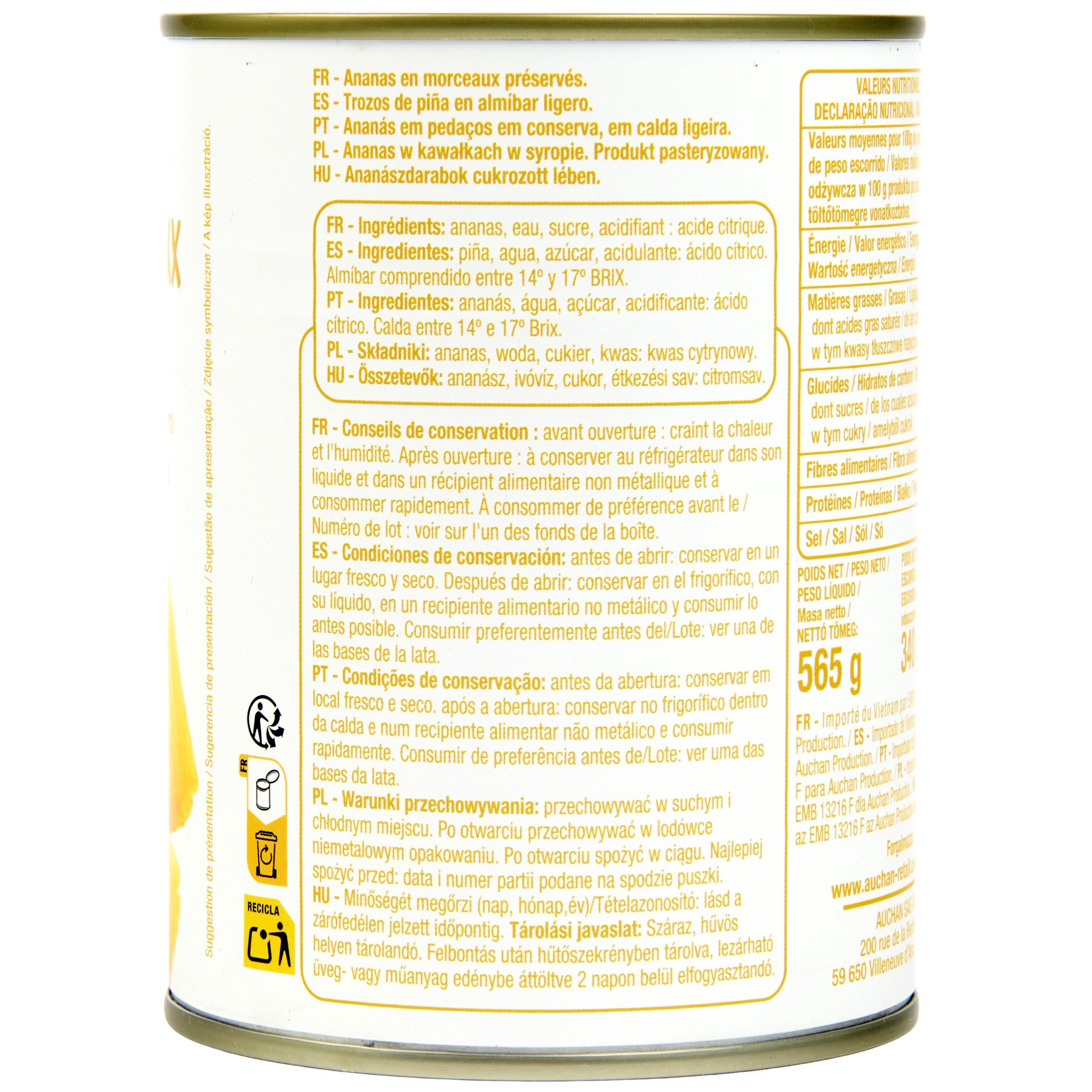 Voir la diapositive 3 : POUCE Ananas en morceaux au sirop léger 340g