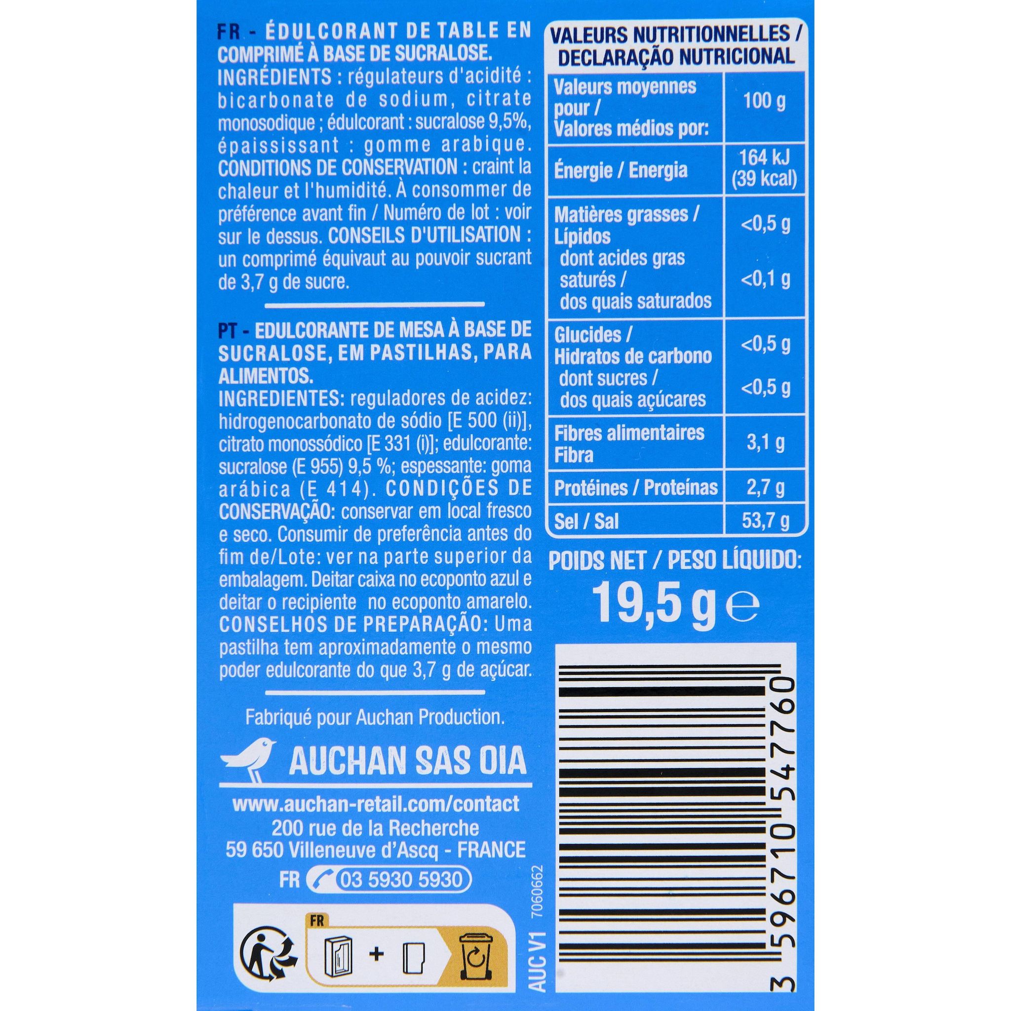 Voir la diapositive 2 : AUCHAN Edulcorant à base de sucralose 300 comprimés 19g