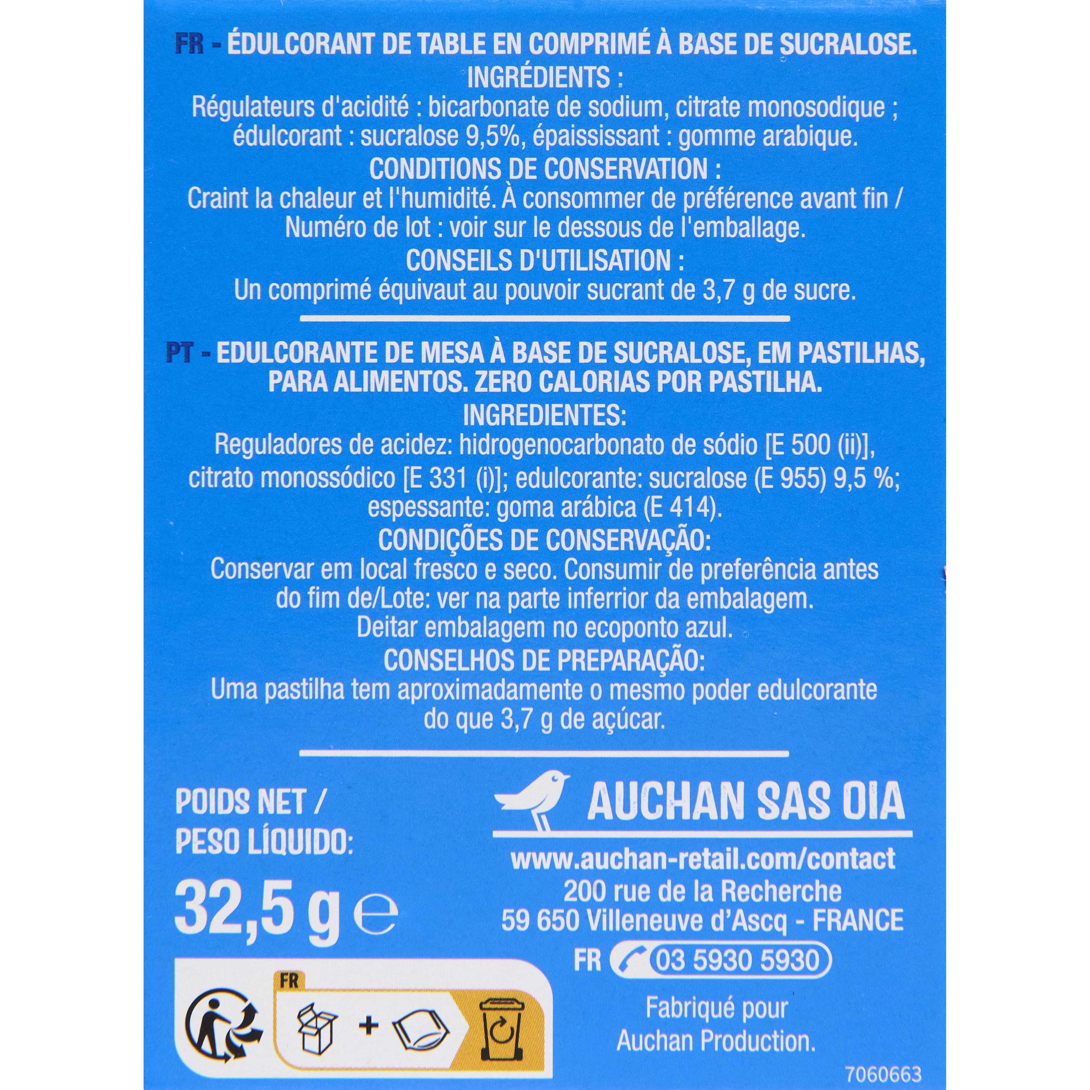 Voir la diapositive 2 : AUCHAN Recharge d'édulcorant à base de sucralose 500 comprimés 32g