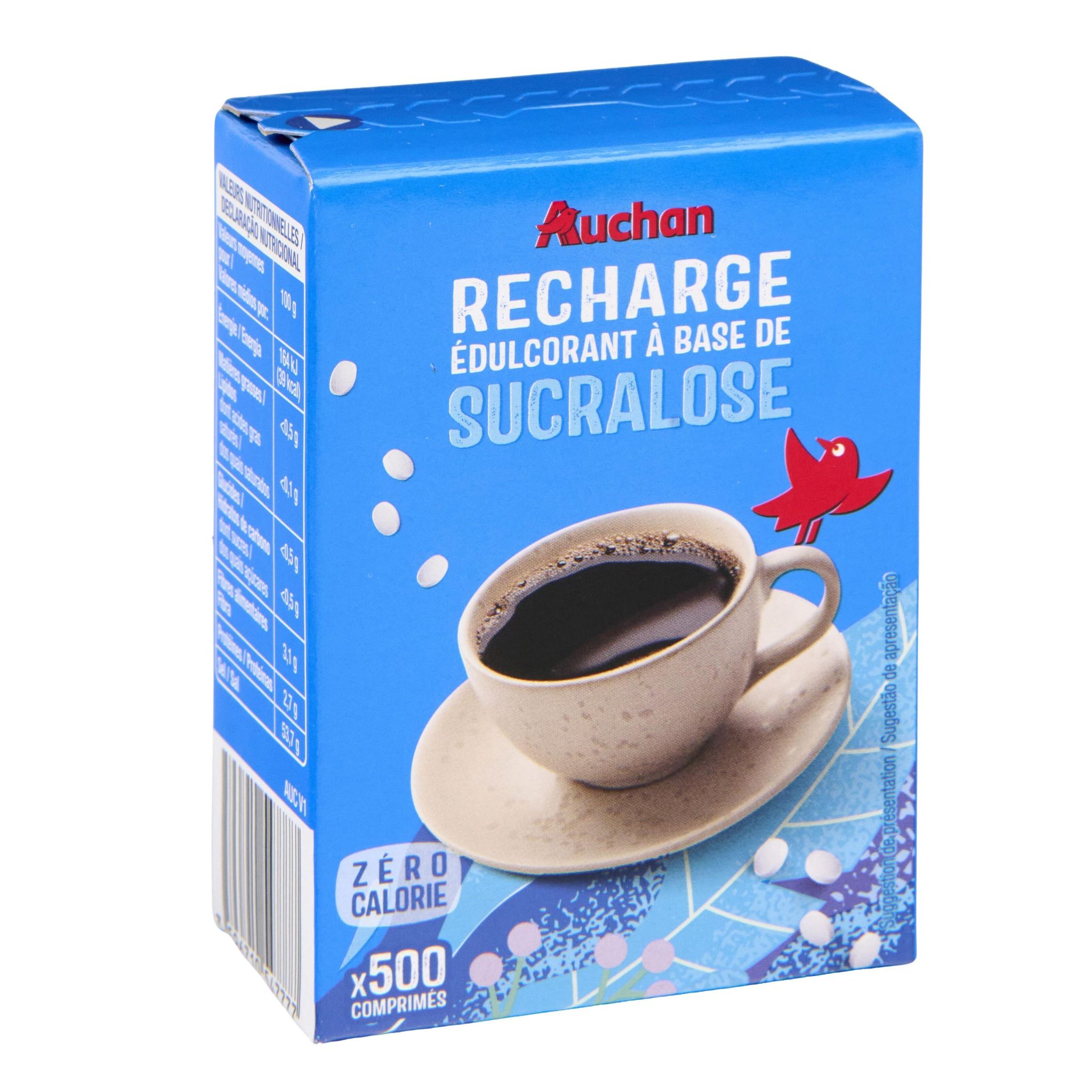 Voir la diapositive 2 : AUCHAN Recharge d'édulcorant à base de sucralose 500 comprimés 32g