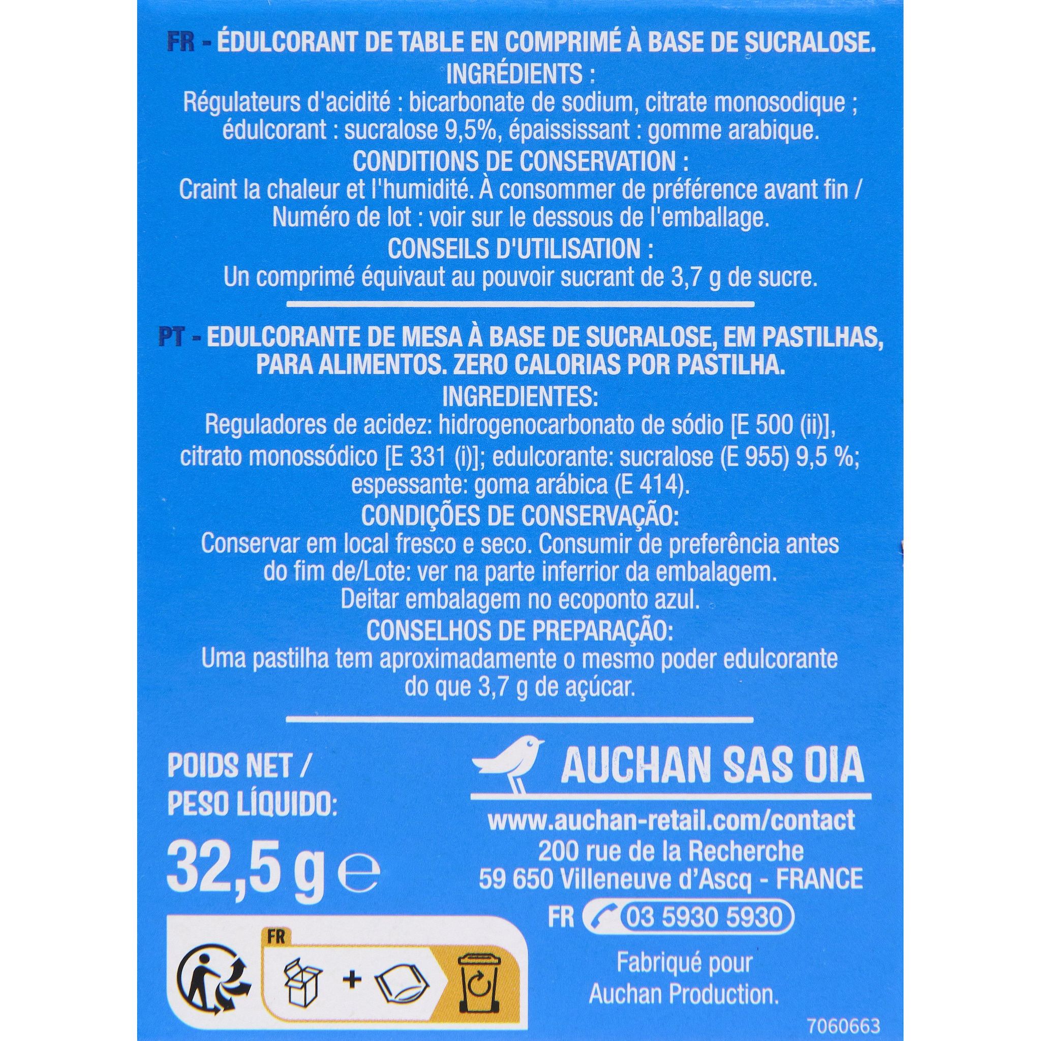 Voir la diapositive 3 : AUCHAN Recharge d'édulcorant à base de sucralose 500 comprimés 32g