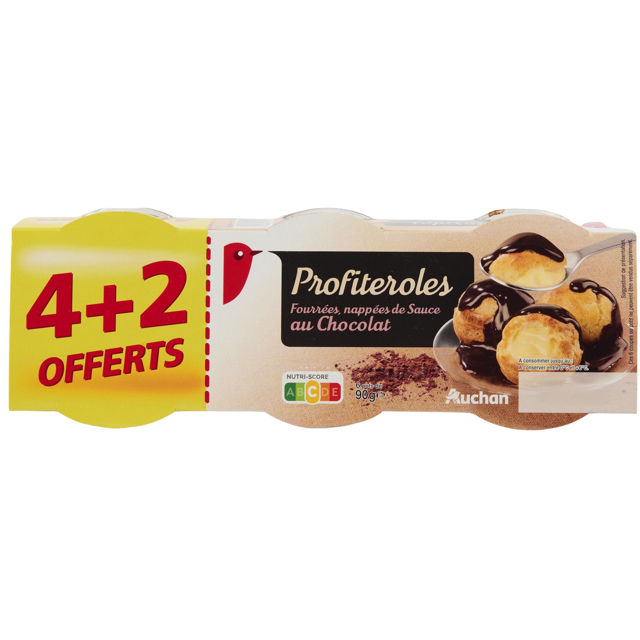 AUCHAN Profiteroles fourrées, nappées de sauce au chocolat 4+2 offert 6x90g