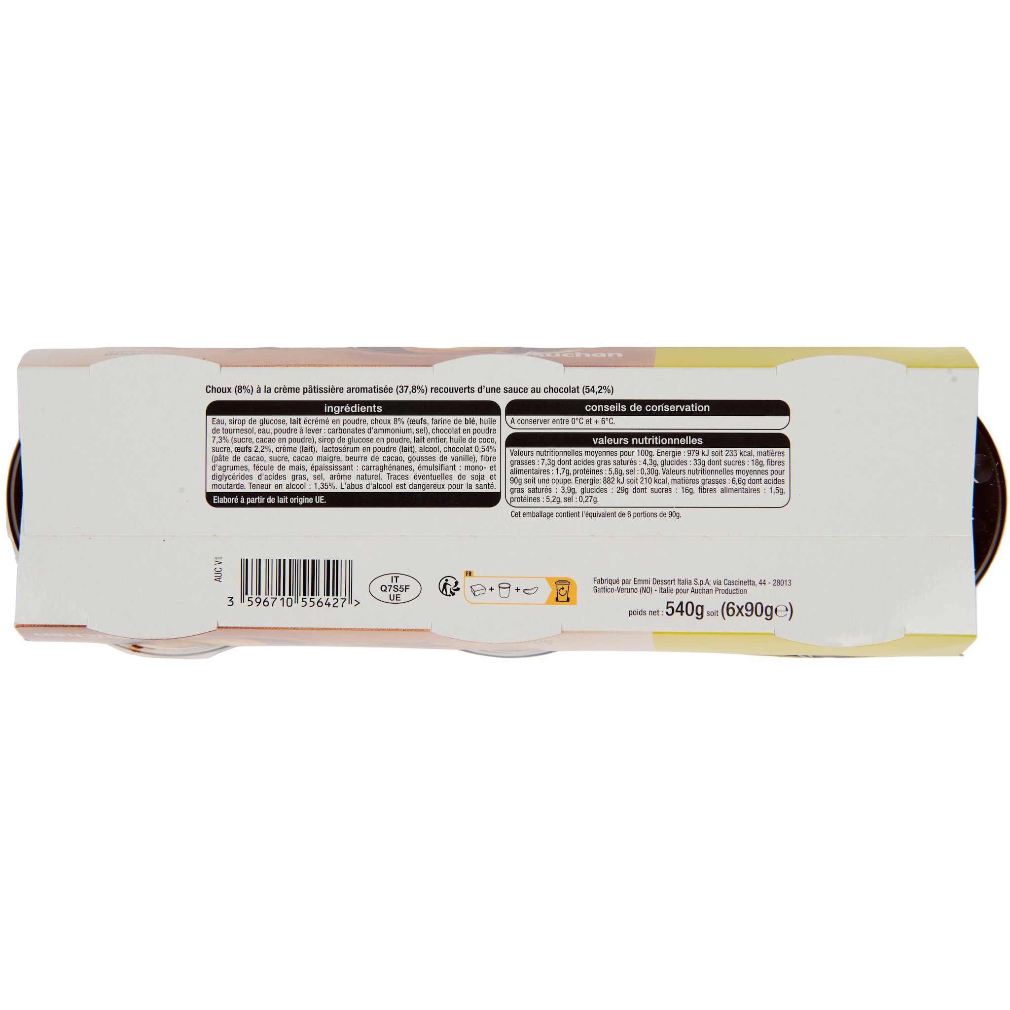 Voir la diapositive 2 : AUCHAN Profiteroles fourrées, nappées de sauce au chocolat 4+2 offert 6x90g
