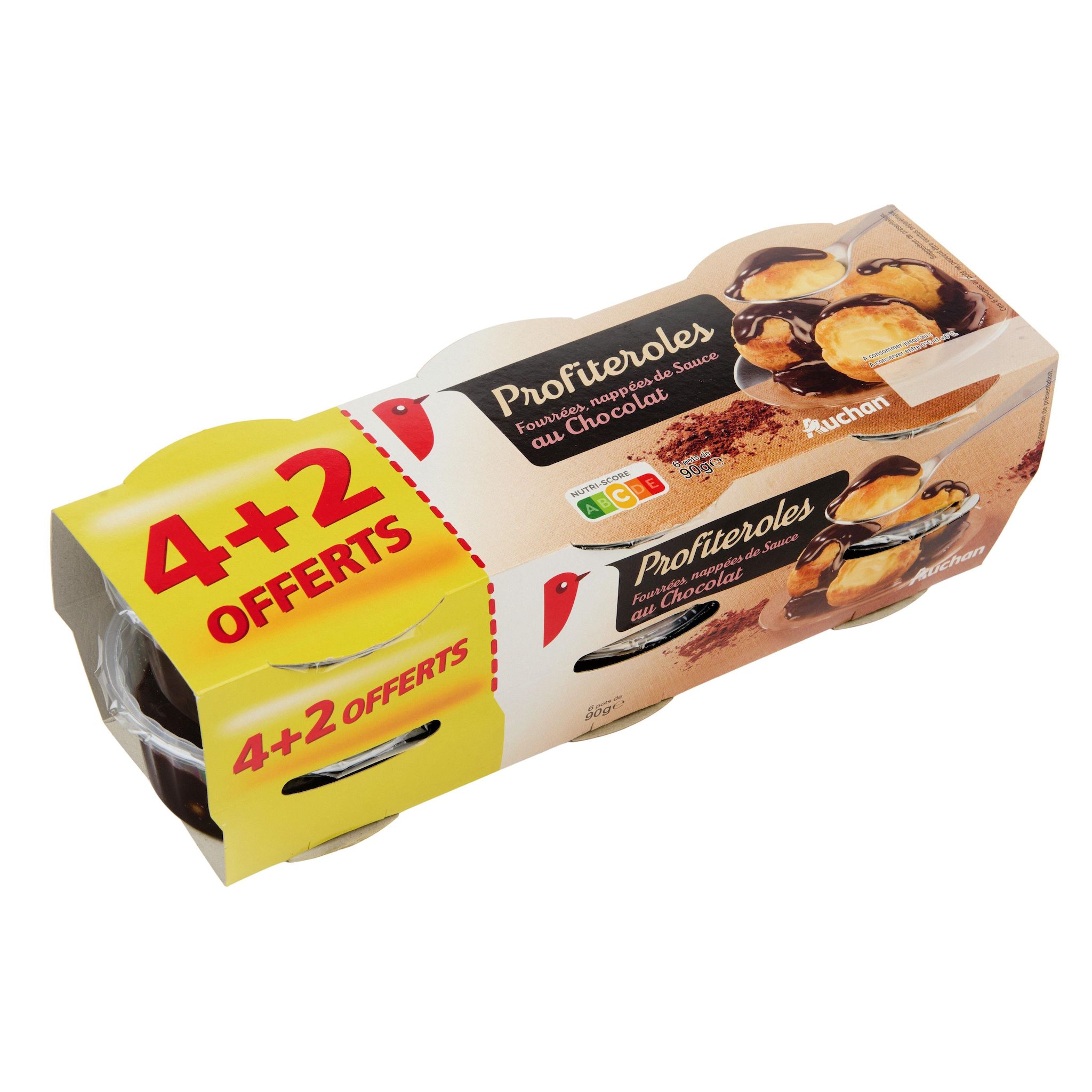 Voir la diapositive 3 : AUCHAN Profiteroles fourrées, nappées de sauce au chocolat 4+2 offert 6x90g