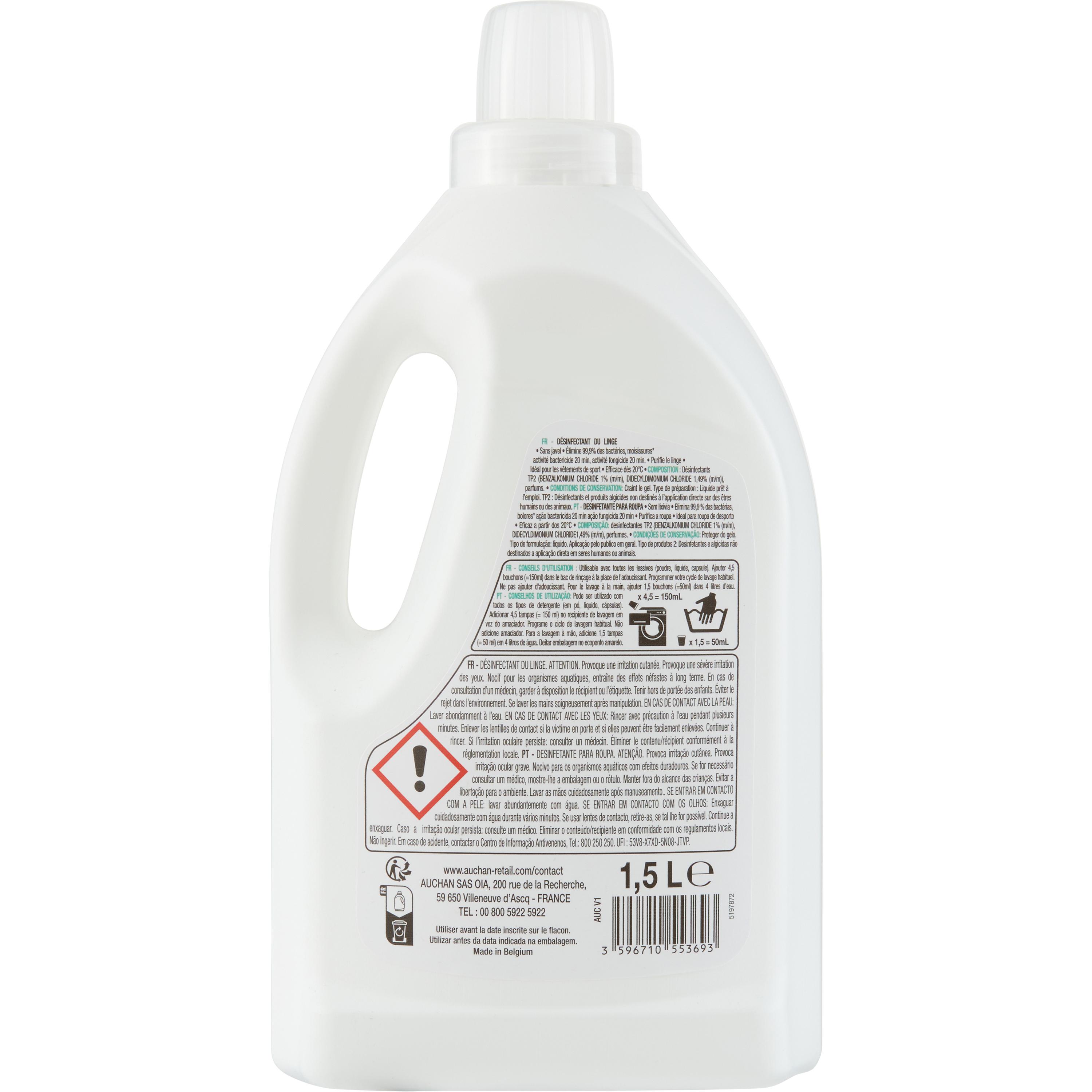 Voir la diapositive 2 : AUCHAN Liquide désinfectant du linge anti-odeurs sans javel 1,5l