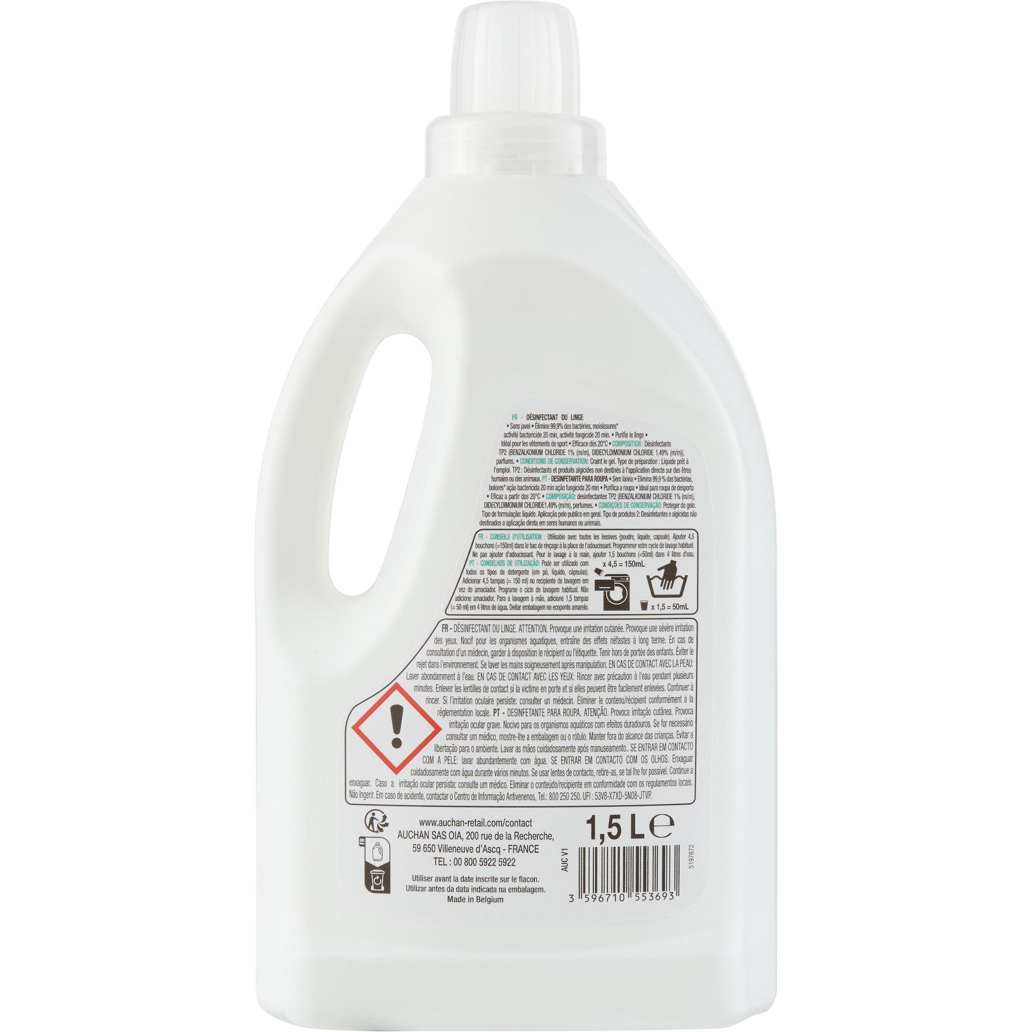 Voir la diapositive 2 : AUCHAN Liquide désinfectant du linge anti-odeurs sans javel 1,5l
