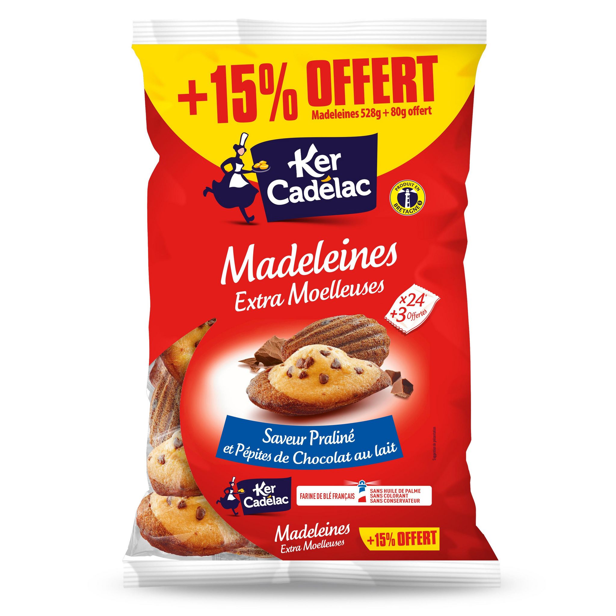 KER CADELAC Madeleines saveur praliné pépites chocolat au lait extra moelleuses 27 madeleines 528g + 80g offert