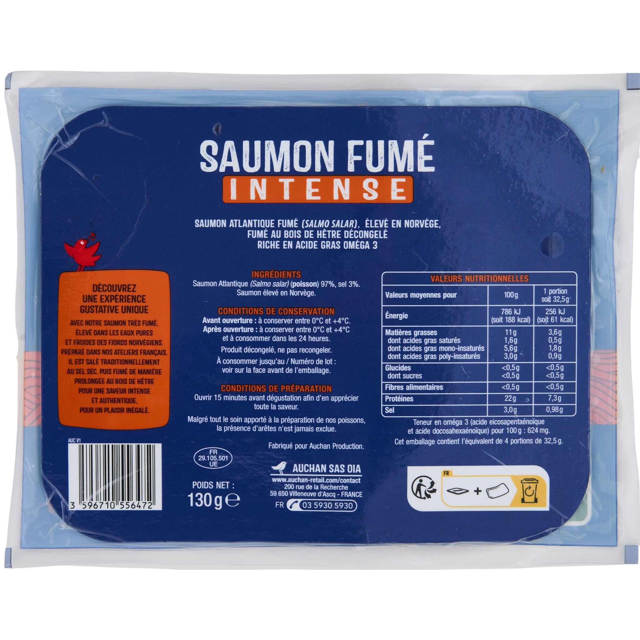 Voir la diapositive 2 : AUCHAN Saumon fumé intense 4 tranches 130g