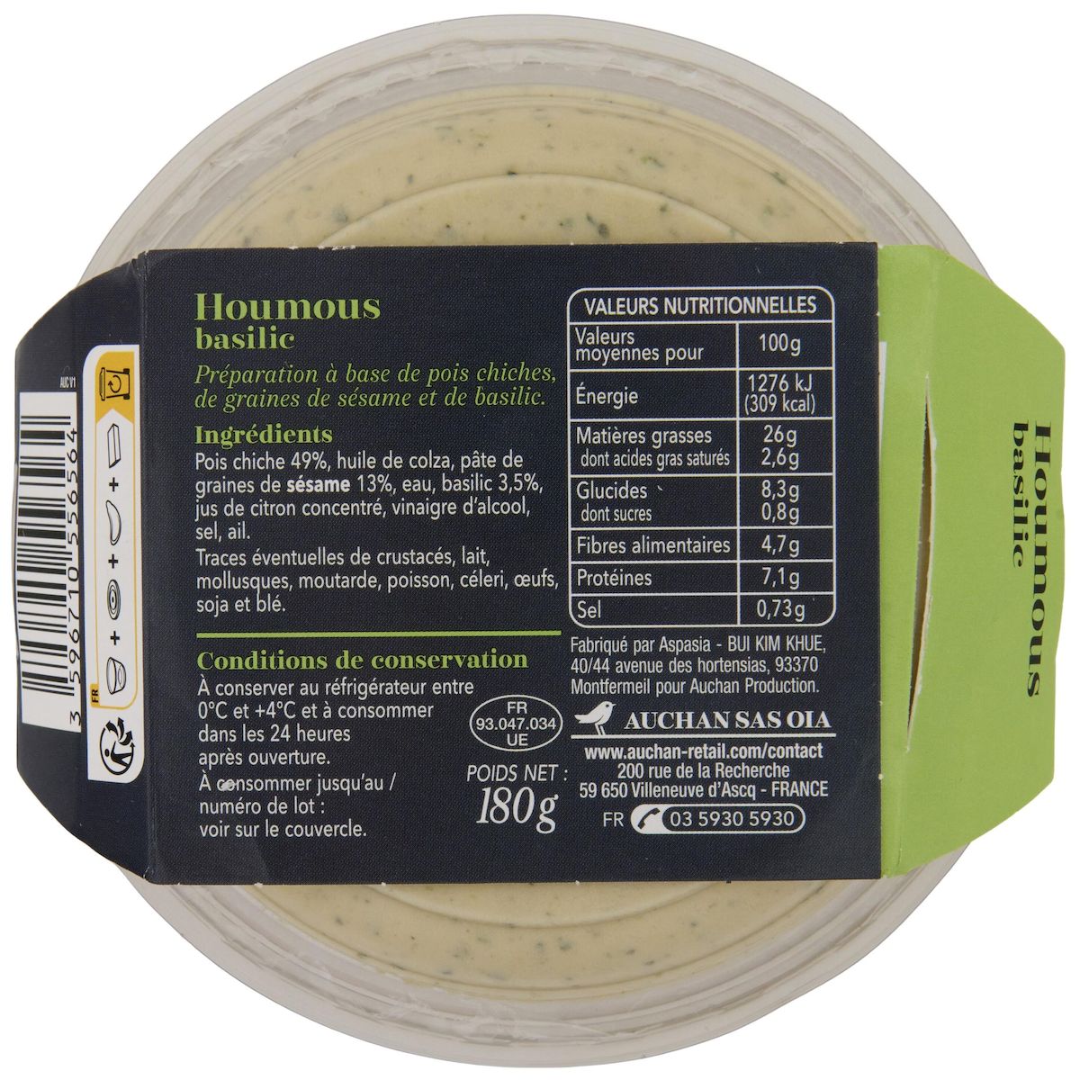 AUCHAN COLLECTION Houmous basilic 180g