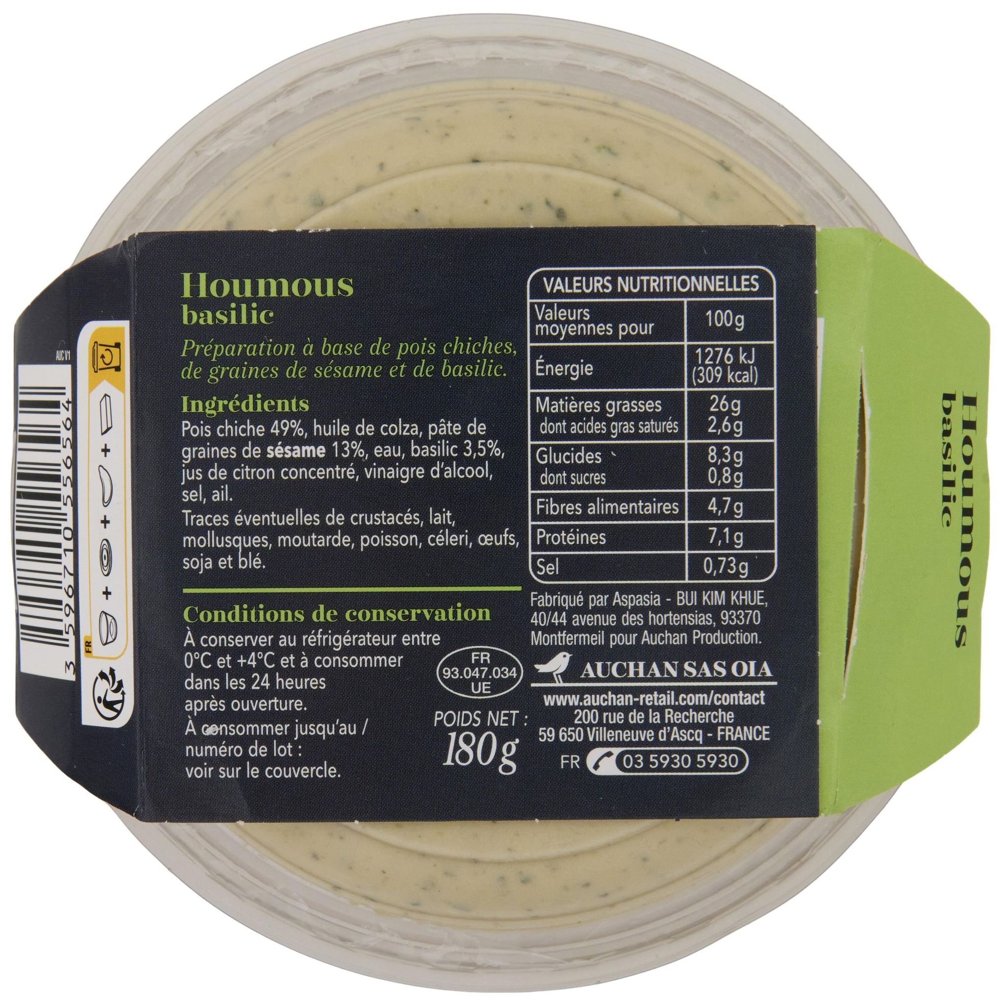Voir la diapositive 3 : AUCHAN COLLECTION Houmous basilic 180g
