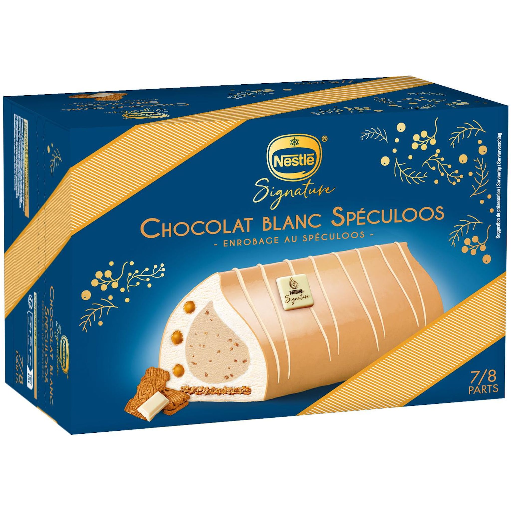 Voir la diapositive 2 : NESTLE Buche Signature chocolat blanc spéculoos enrobage au spéculoos 7/8 parts 503g