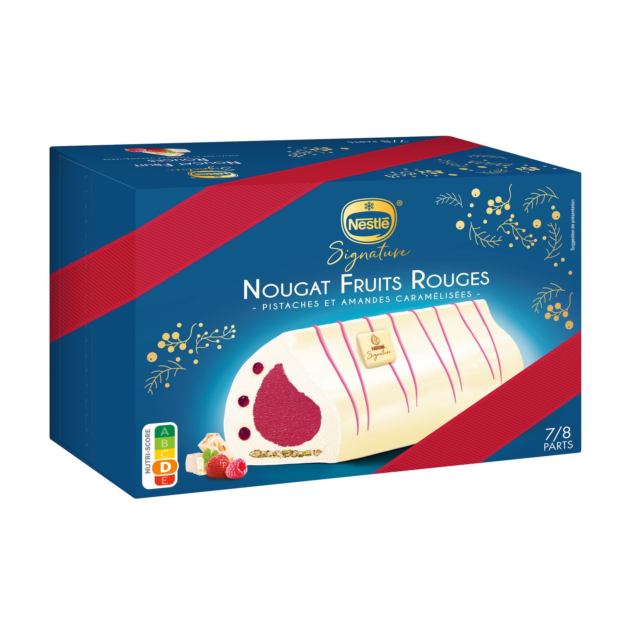 Voir la diapositive 2 : NESTLE Buche Signature nougat fruits rouges pistaches et amandes caramélisées 7/8 parts 483g