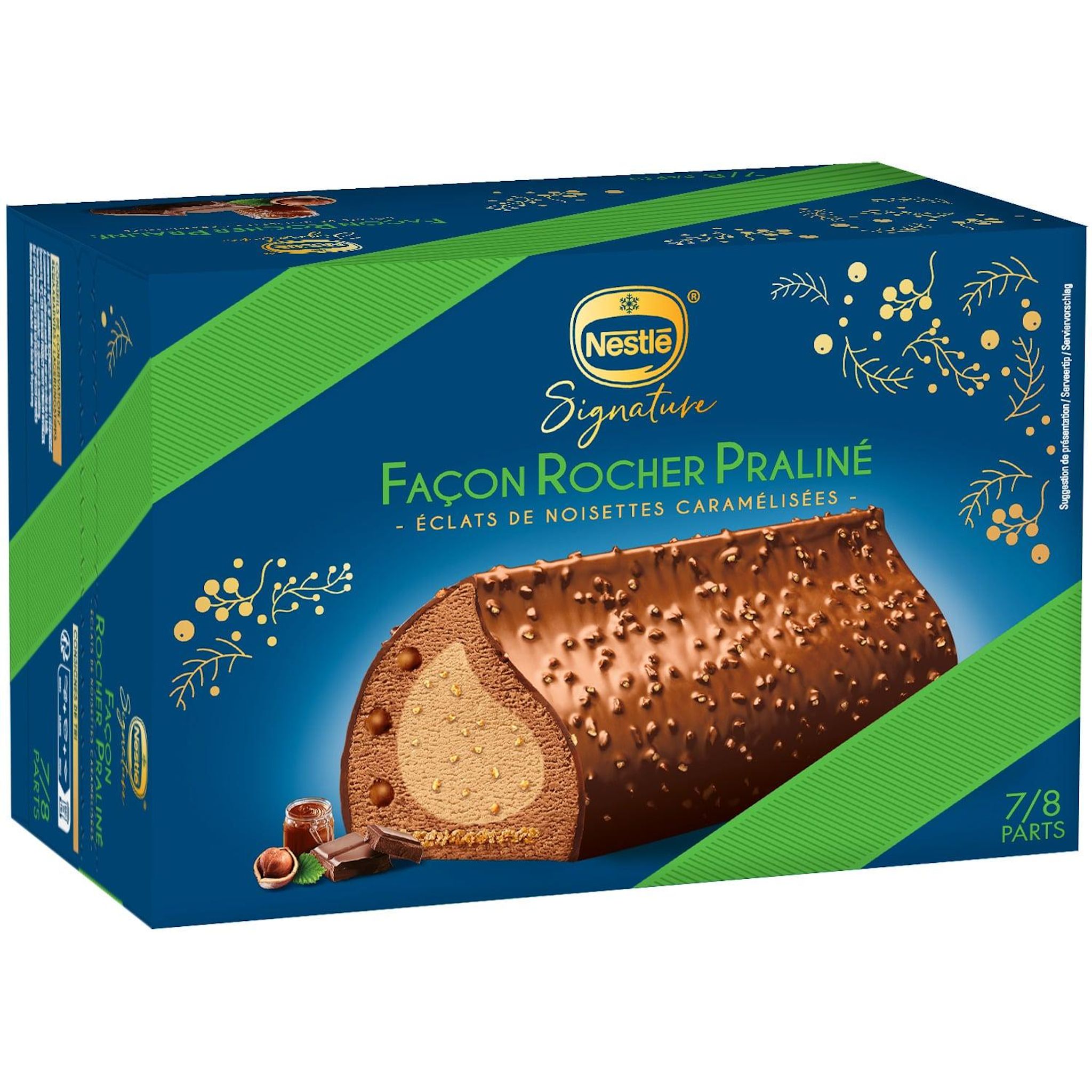 Voir la diapositive 2 : NESTLE Buche Signature façon rocher praliné au chocolat au lait et noisette 7/8 parts 511g